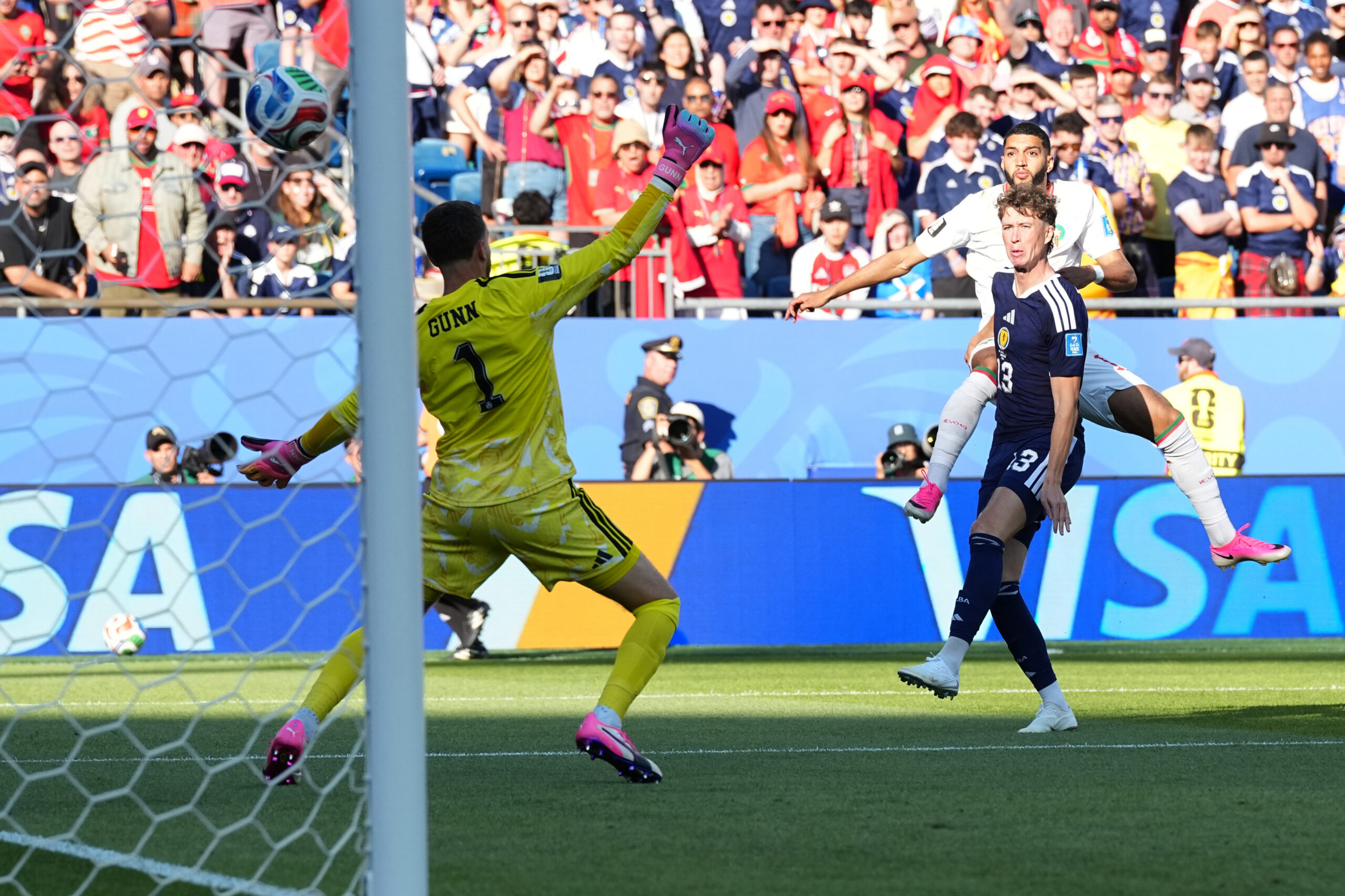 Morocco's Ismael Saibari, top right, scores his side's opening goal during the World Cup Group C soccer match between Scotland and Morocco in Foxborough, Mass., near Boston, Friday, June 19, 2026. 