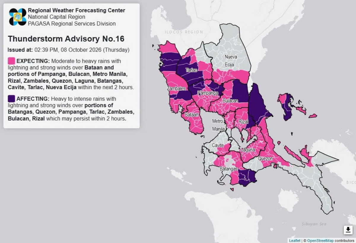 Heavy rains expected in NCR, other parts of Luzon Thursday afternoon