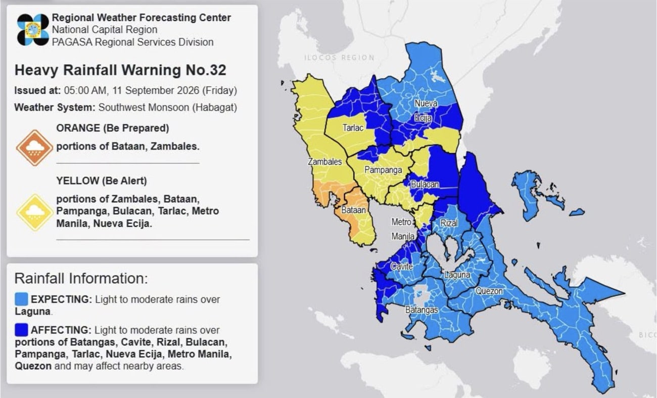 Orange heavy rainfall warning up in Bataan, Zambales on Sept. 11 morning