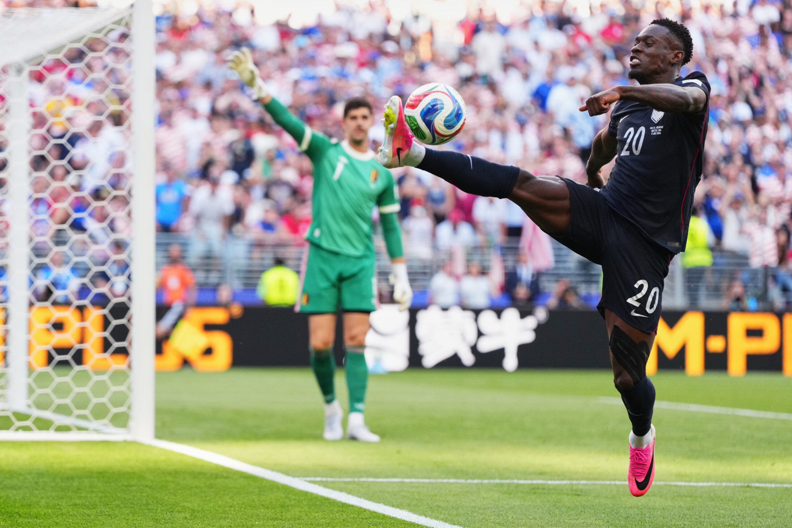 United States' Folarin Balogun tries to control the ball during the World Cup round of 16 soccer match against Belgium in Seattle, Monday, July 6, 2026.