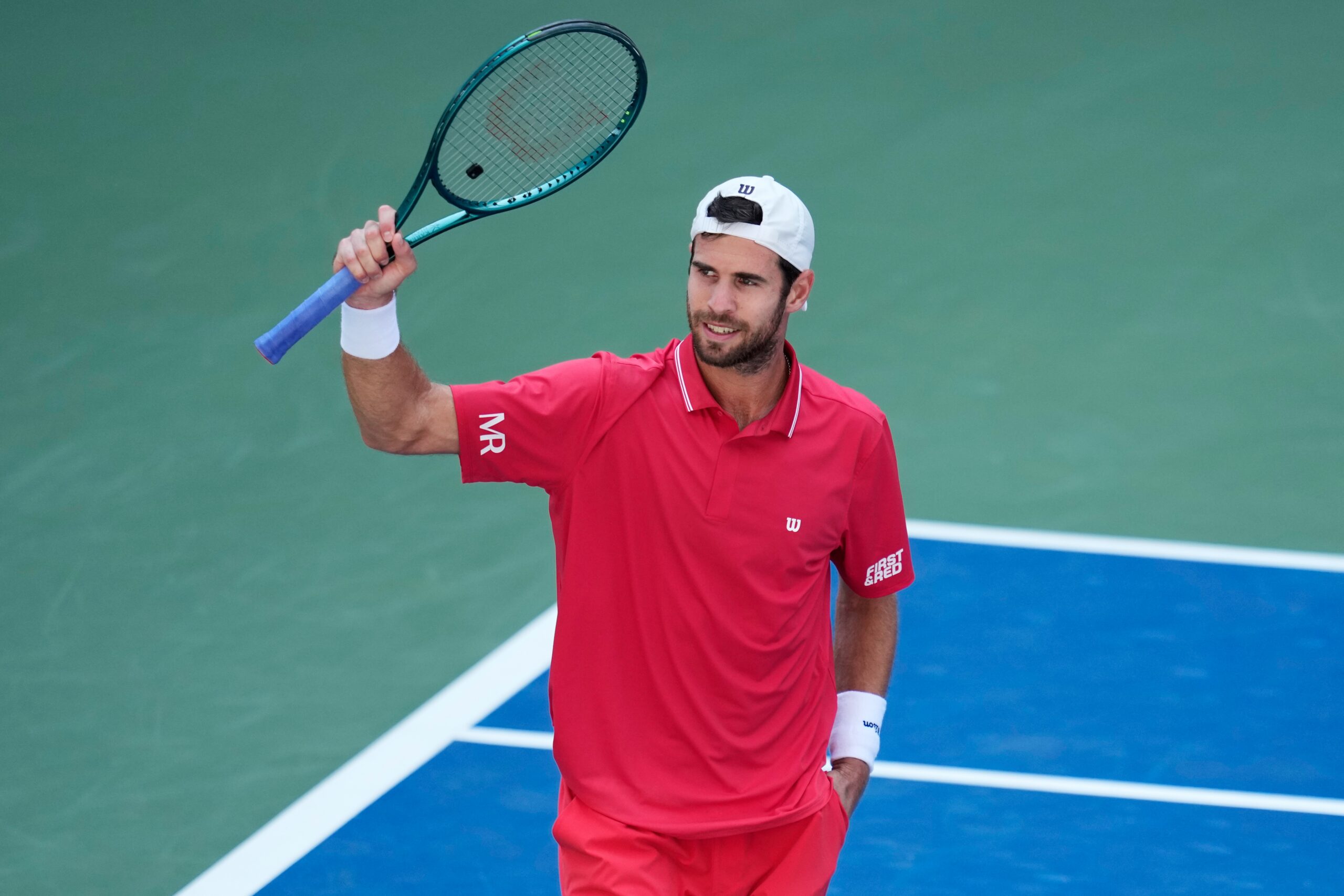 Karen Khachanov, of Russia, gestures after he won his match against Felix Auger-Aliassime, of Canada, during the second round of the U.S. Open tennis championships Thursday, Sept. 3, 2026, in New York.