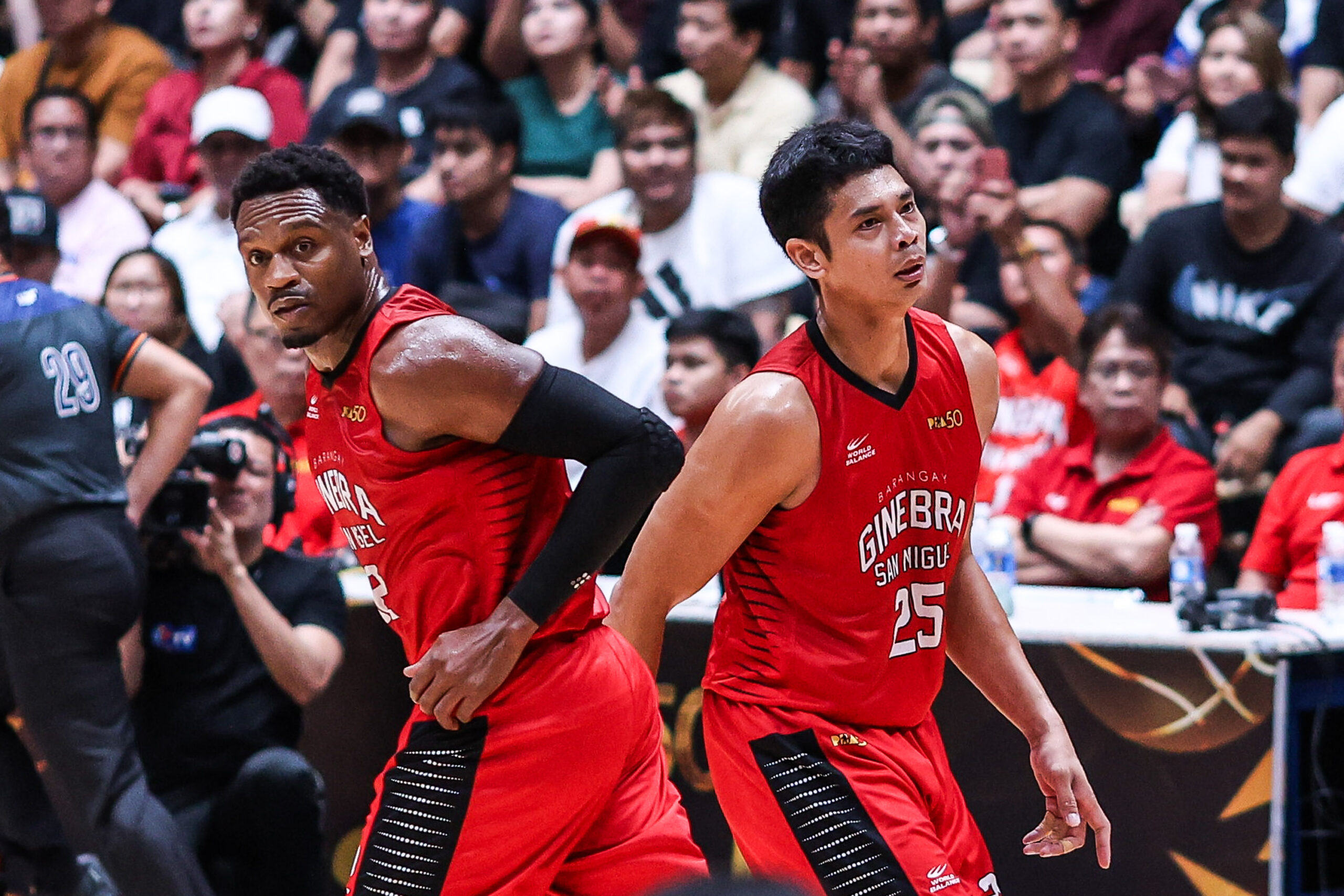 FILE– Barangay Ginebra veterans Justin Brownlee and Japeth Aguilar during a PBA Commissioner's Cup game.