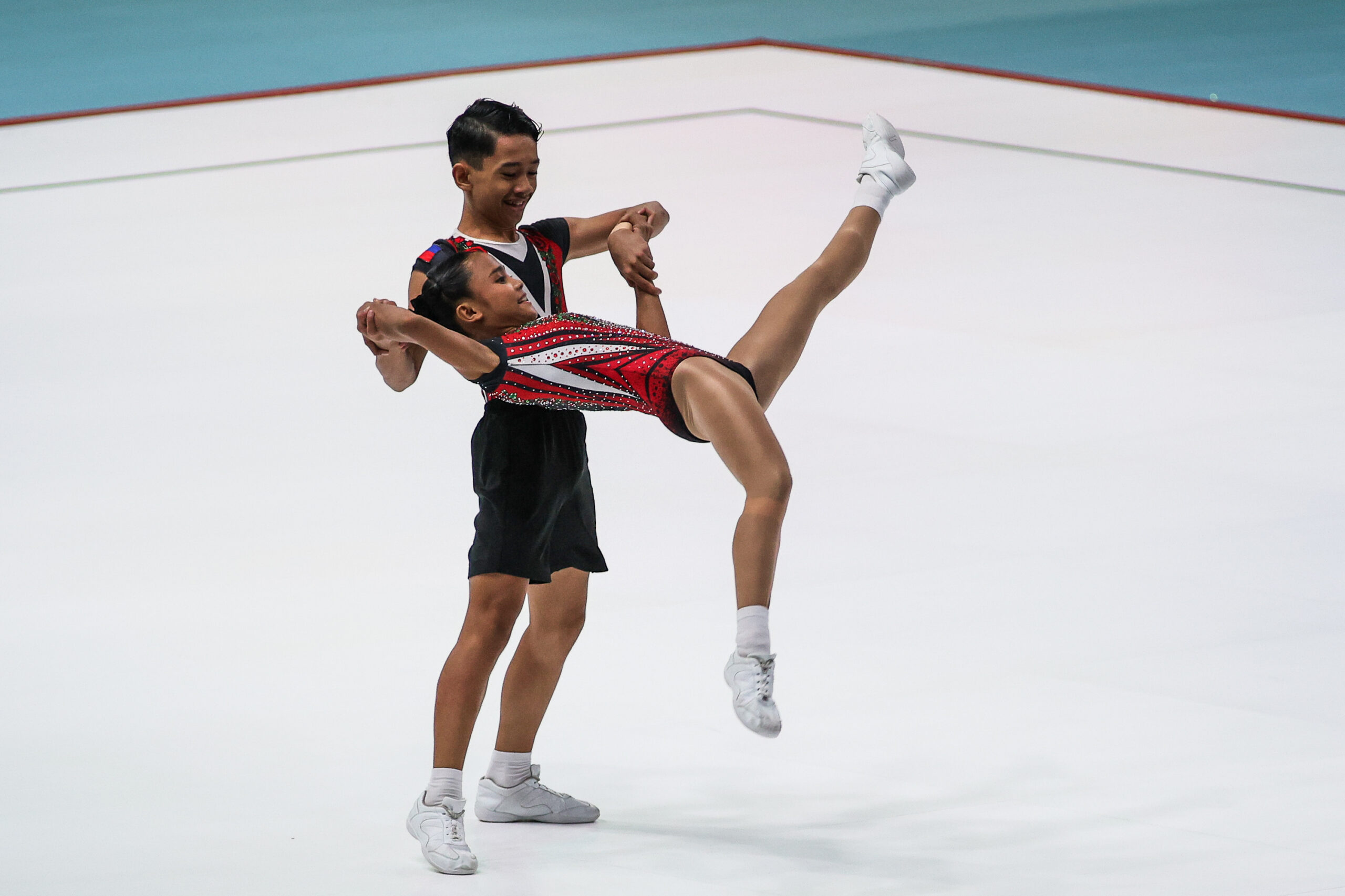 Rhimel Cabides and Antonette Amante win gold in the youth mixed pair category at the 2026 Aerobic Gymnastics Asian Championships.
