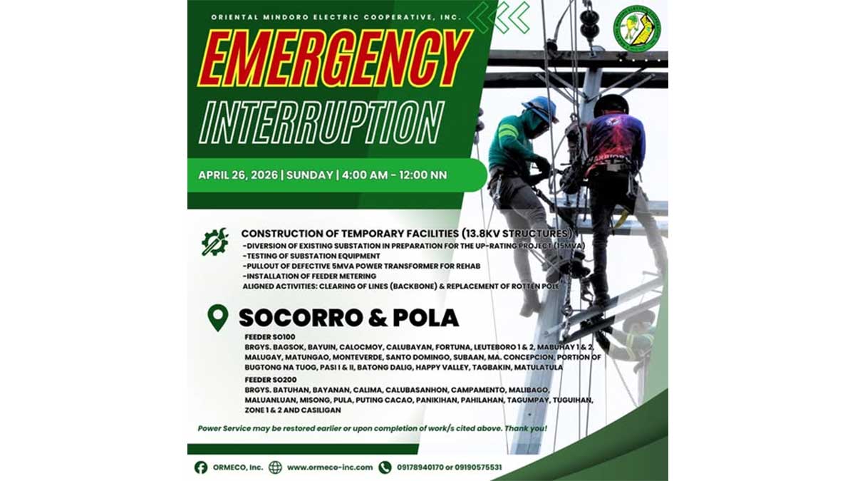 8-hour power interruption scheduled in parts of Oriental Mindoro