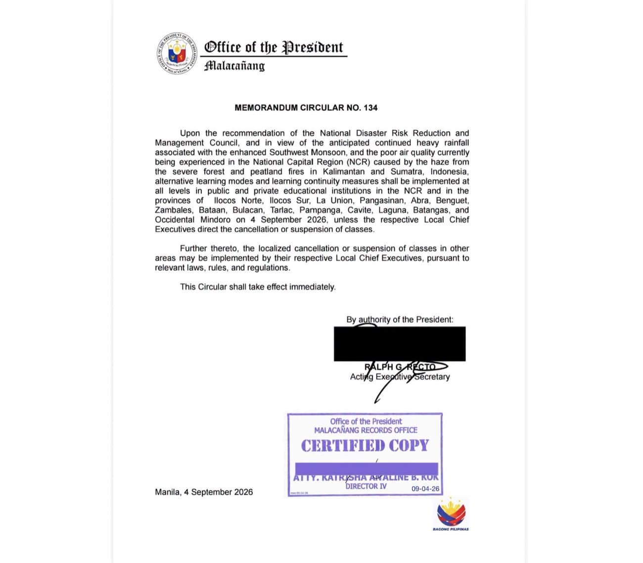 Malacañang orders alternative learning modes amid rains, haze