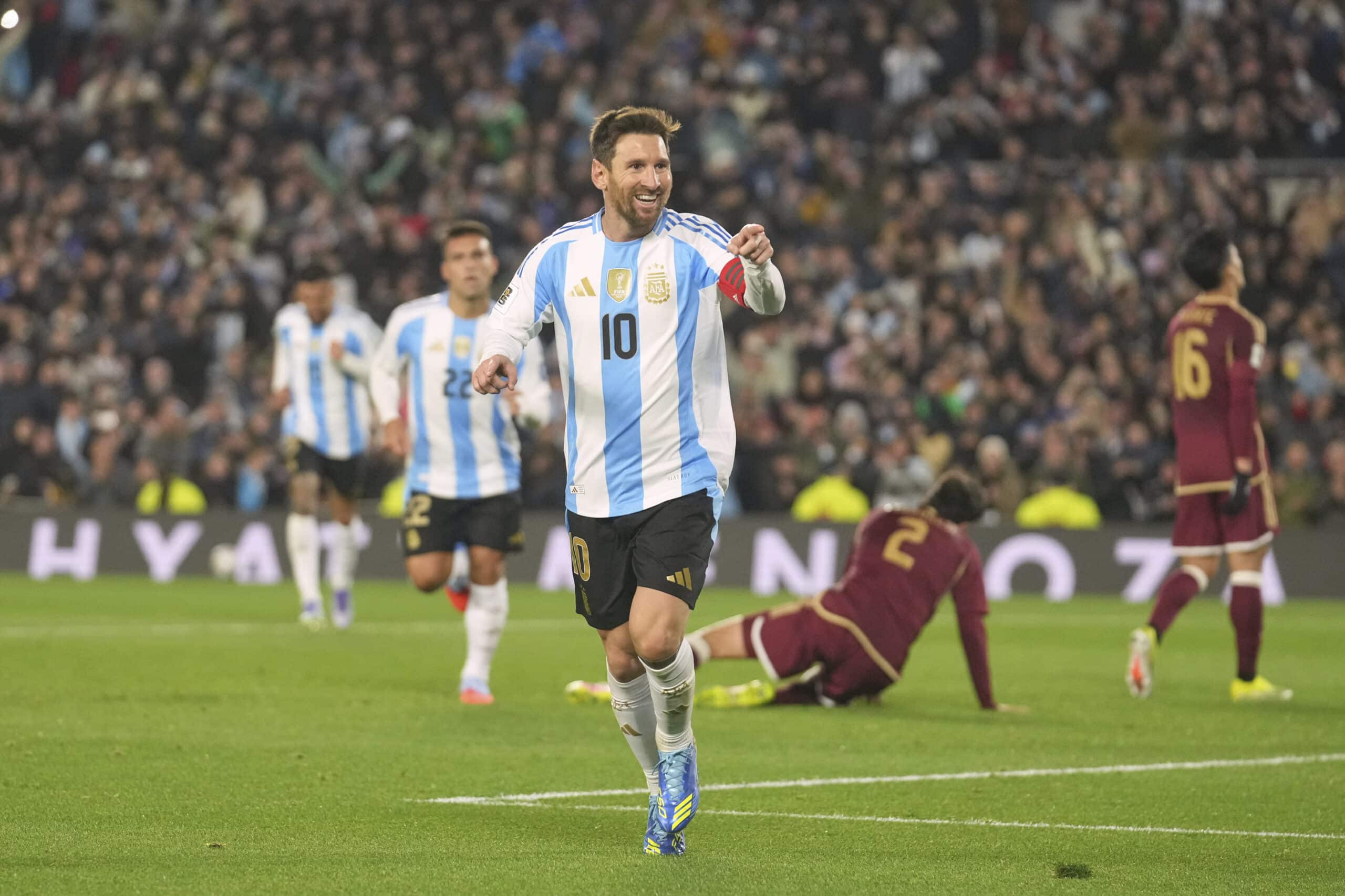 Argentina's Lionel Messi celebrates scoring his side's third goal against Venezuela during a World Cup 2026 qualifying soccer match at the Monumental stadium in Buenos Aires, Argentina, Thursday, Sept. 4, 2025.