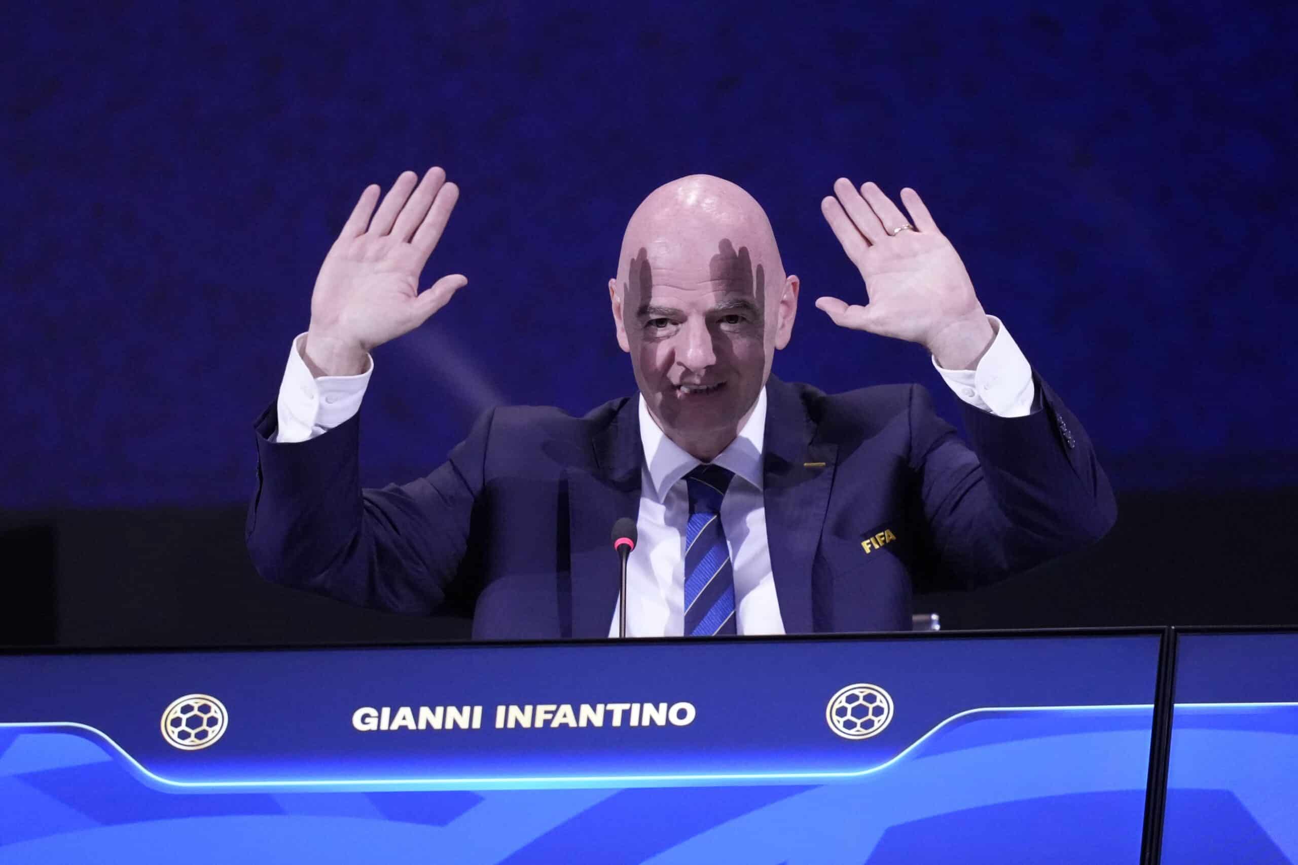 FIFA President Gianni Infantino waves at the end of FIFA's 75th Congress at the Conmebol Convention Center in Luque, Paraguay, Thursday, May 15, 2025. (