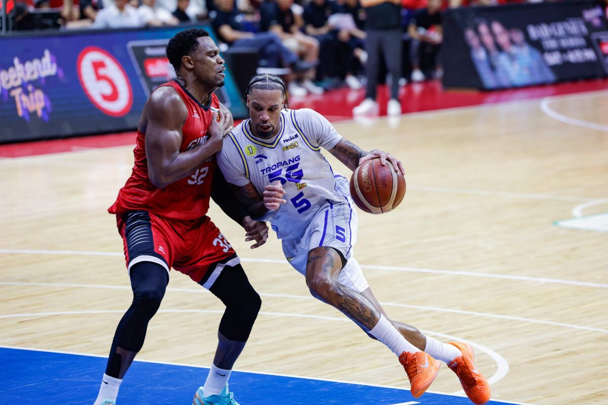 TNT Tropang 5G's Chris McCullough vs Barangay Ginebra Gin Kings' Justin Brownlee during Game 5 ofthe 2026 PBA Commissioner's Cup Finals