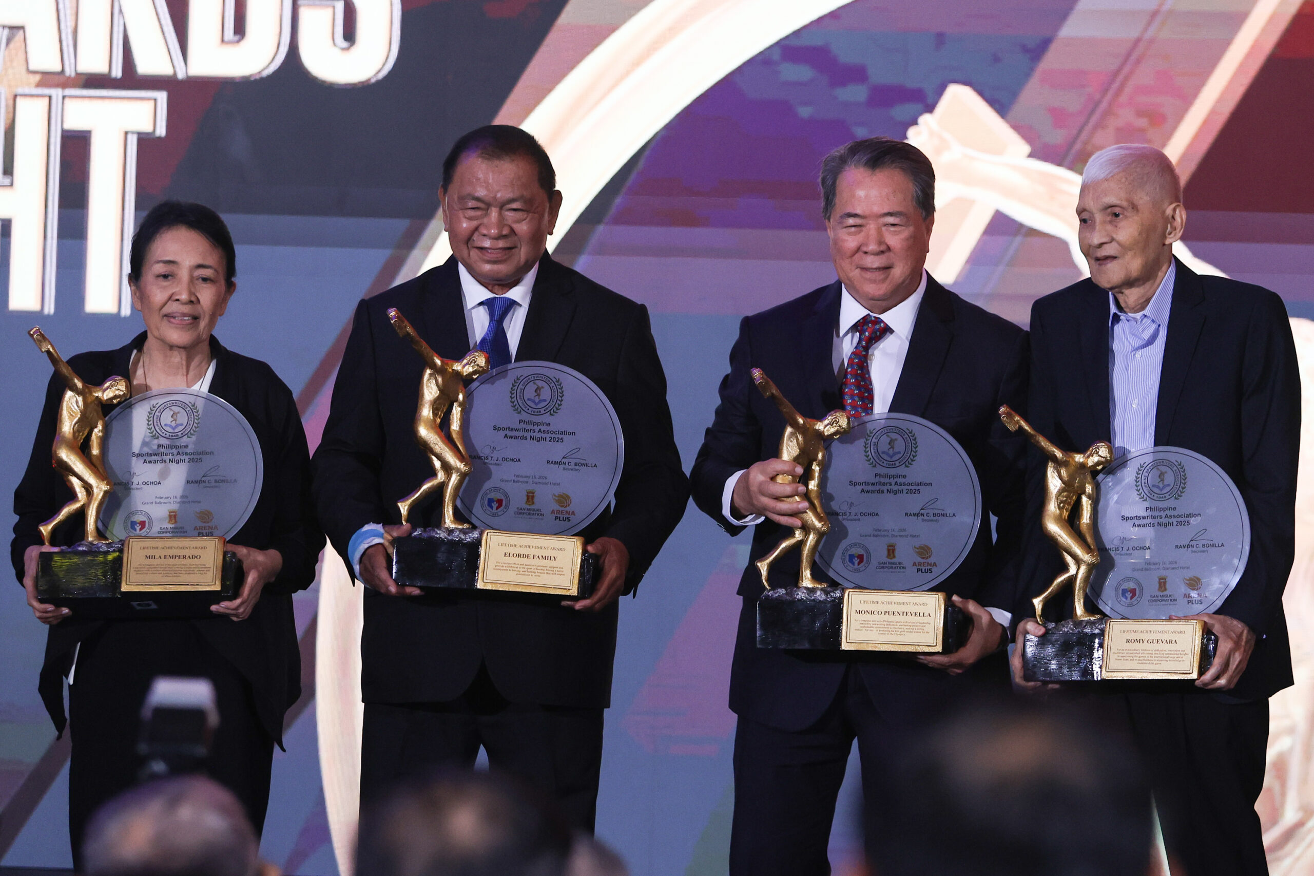 Romy Guevara (rightmost) during the 2025 Philippine Sportswriters Awards Night where he received the Lifetime Achievement Award.