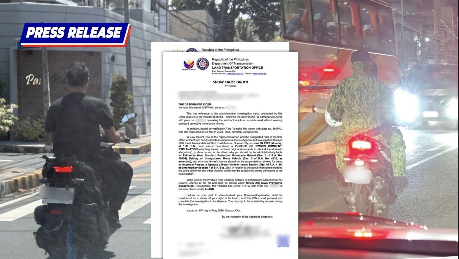 LTO summons 2 helmet-less riders; driver’s licenses suspended