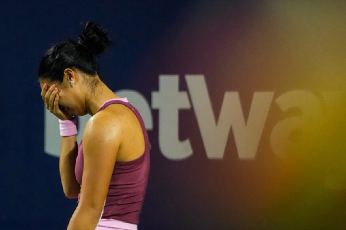 Philippines' Alexandra Eala reacts as she clinches a win over United States' Caty McNally during a National Bank Open tennis match in Toronto on Friday, Aug. 7, 2026.