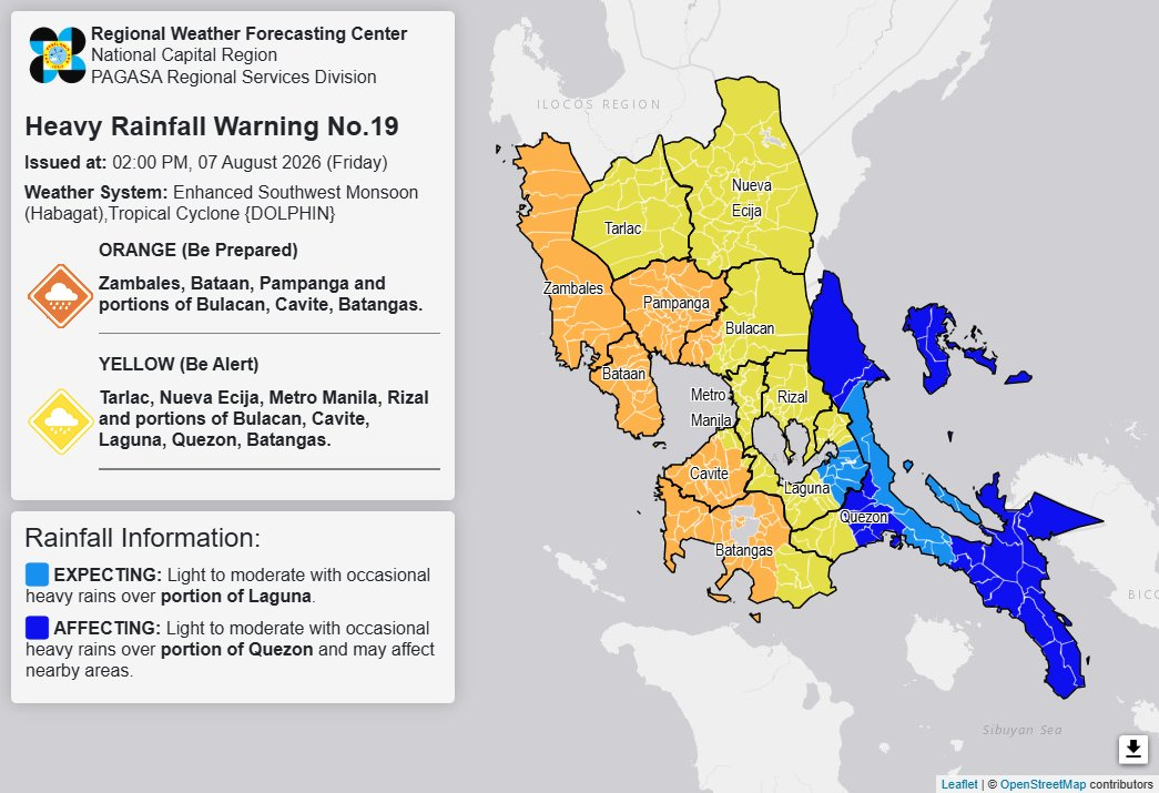 Orange rainfall warning up over 6 areas in Central, Southern Luzon