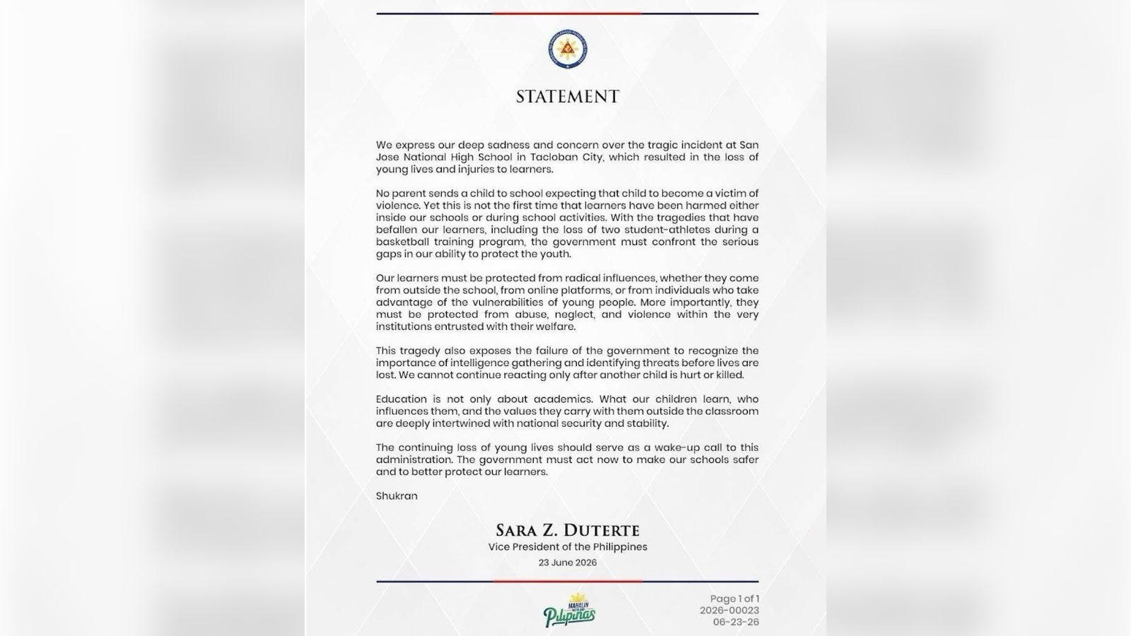 Tacloban school shooting a wake-up call for gov’t – Sara Duterte