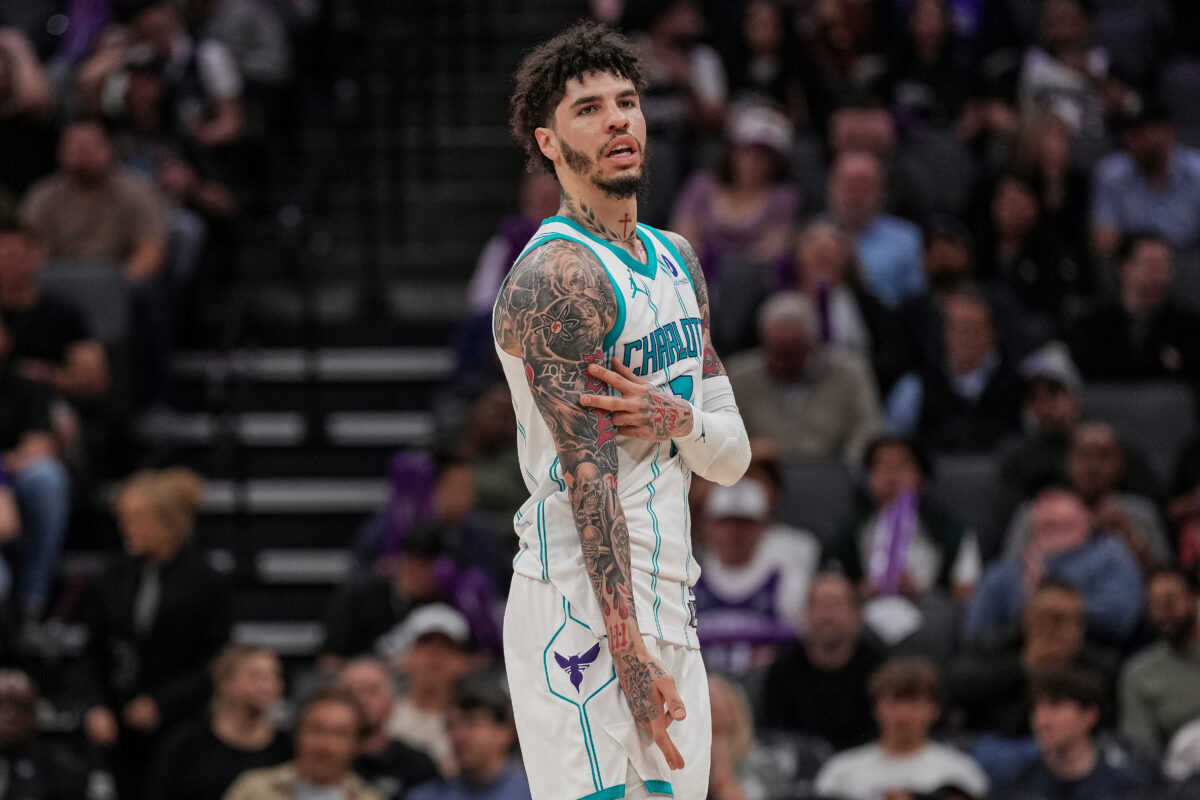 Charlotte Hornets guard LaMelo Ball (1) reacts after a three-point basket during the second half of an NBA basketball game against the Sacramento Kings, Wednesday, March 11, 2026, in Sacramento, California.