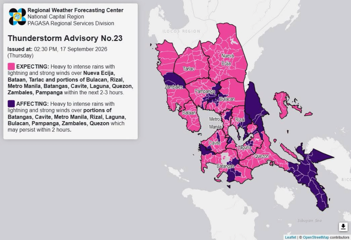 Heavy rains to prevail over Metro Manila, Luzon areas Thursday afternoon