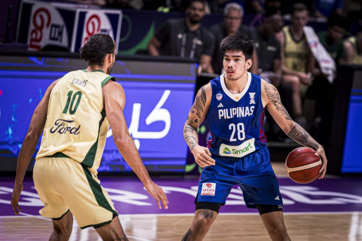 Gilas Pilipinas' Kevin Quiambao during a game against Australia in the 2025 Fiba Asia Cup.
