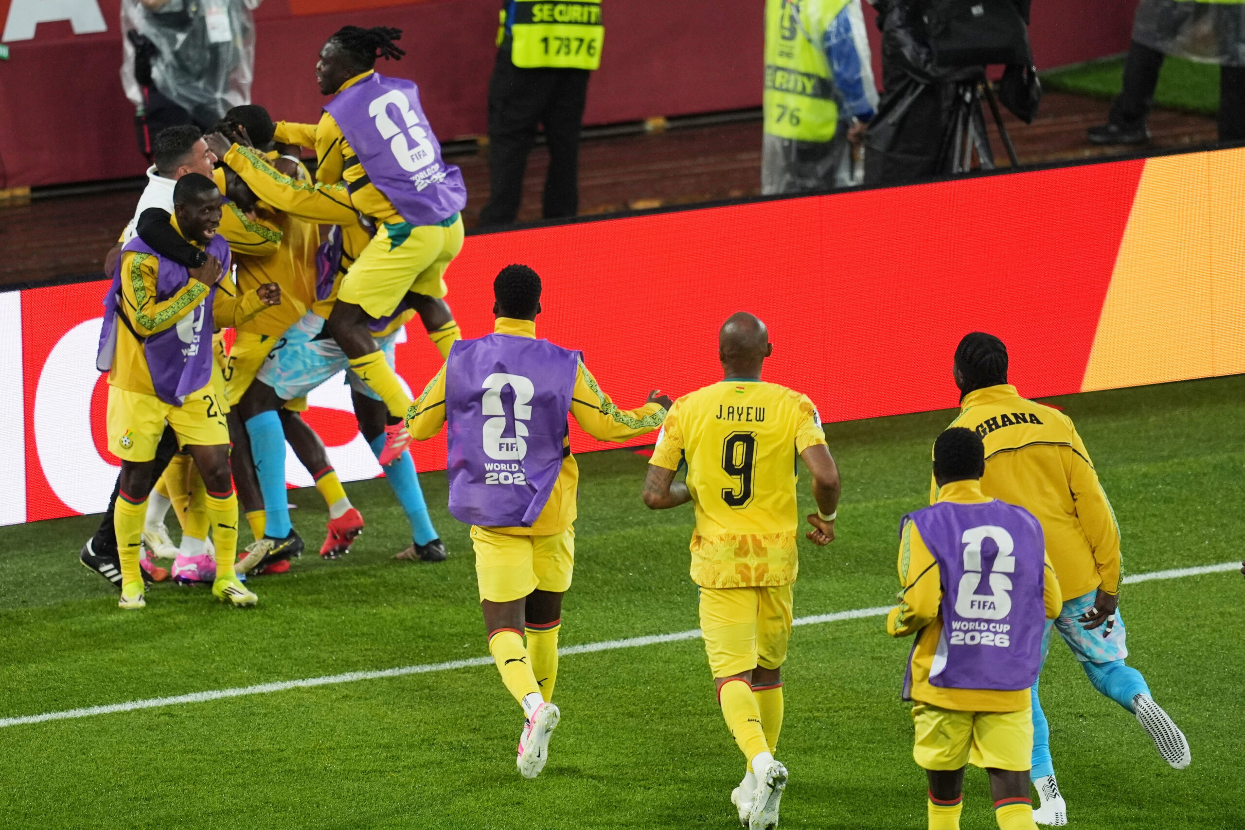 Ghana players celebrates their first goal scored by Ghana's Caleb Yirenkyi during the World Cup Group L soccer match between Ghana and Panama in Toronto, Wednesday, June 17, 2026.