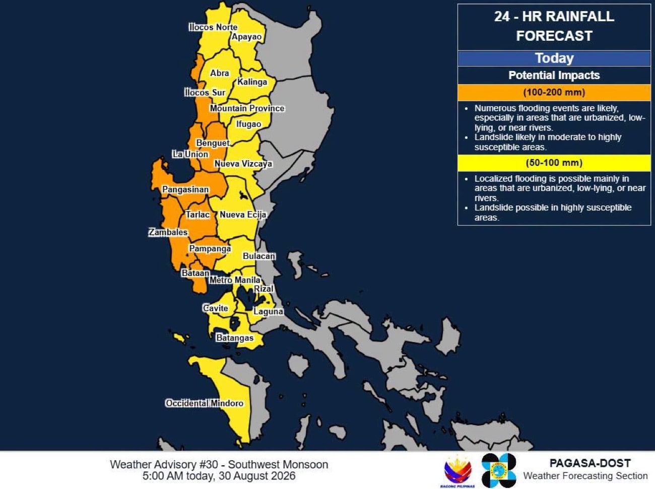 Heavy rainfall alert up in 23 Luzon areas due to habagat