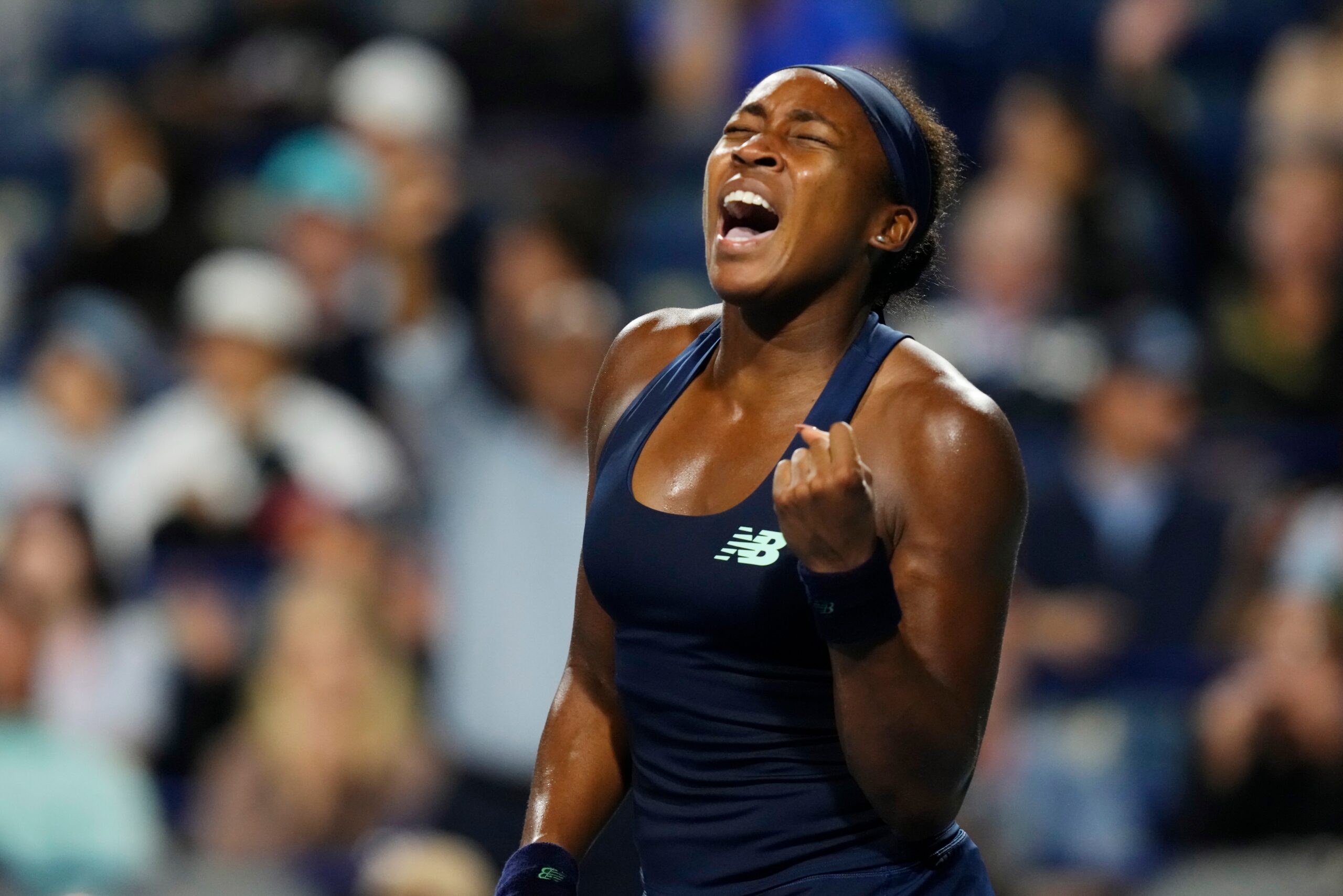 Coco Gauff of the United States reacts while playing against Elena Rybakina of Kazakhstan during National Bank Open semi final tennis action in Toronto, Wednesday, Aug. 12, 2026. ( Canadian Open