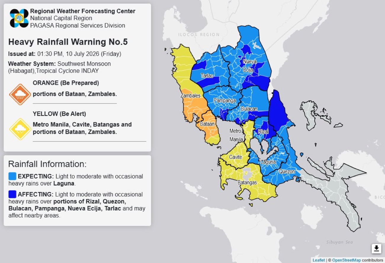 Orange rainfall warning up in parts of Bataan, Zambales Friday afternoon
