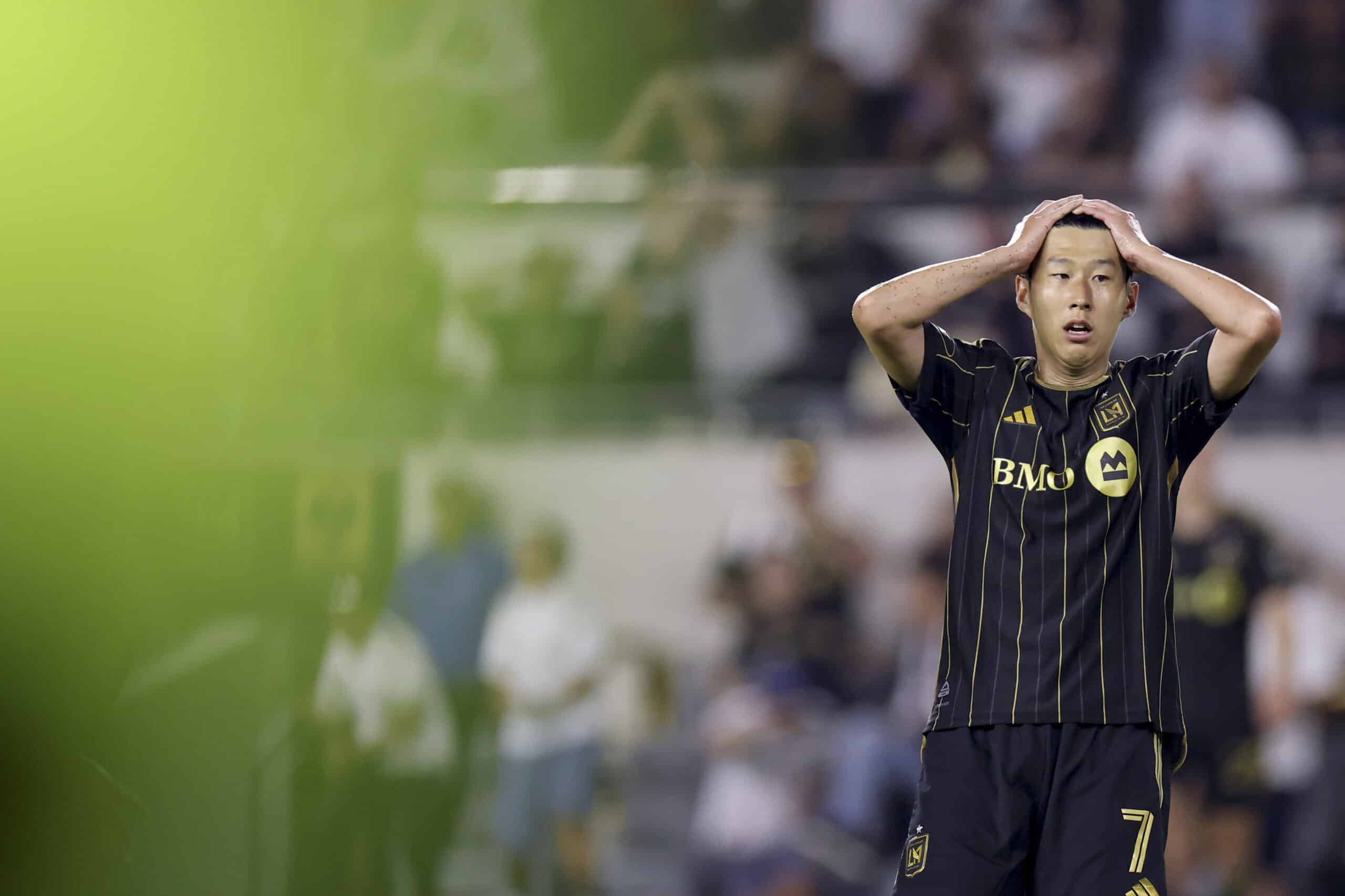 Los Angeles FC forward Son Heung-Min reacts during the second half of an MLS soccer match against San Diego FC Sunday, Aug. 31, 2025, in Los Angeles, California.