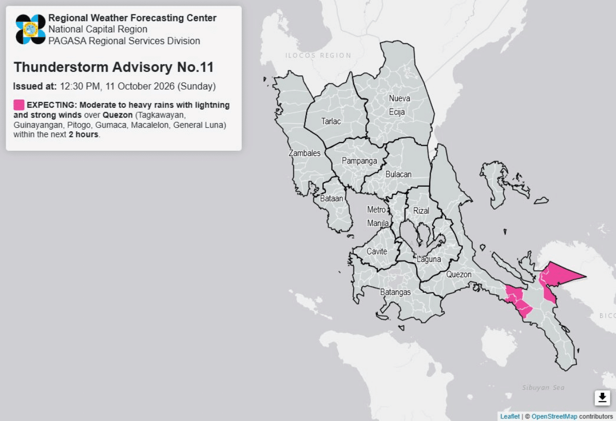 Parts of Quezon may experience heavy rain, strong winds on Sunday