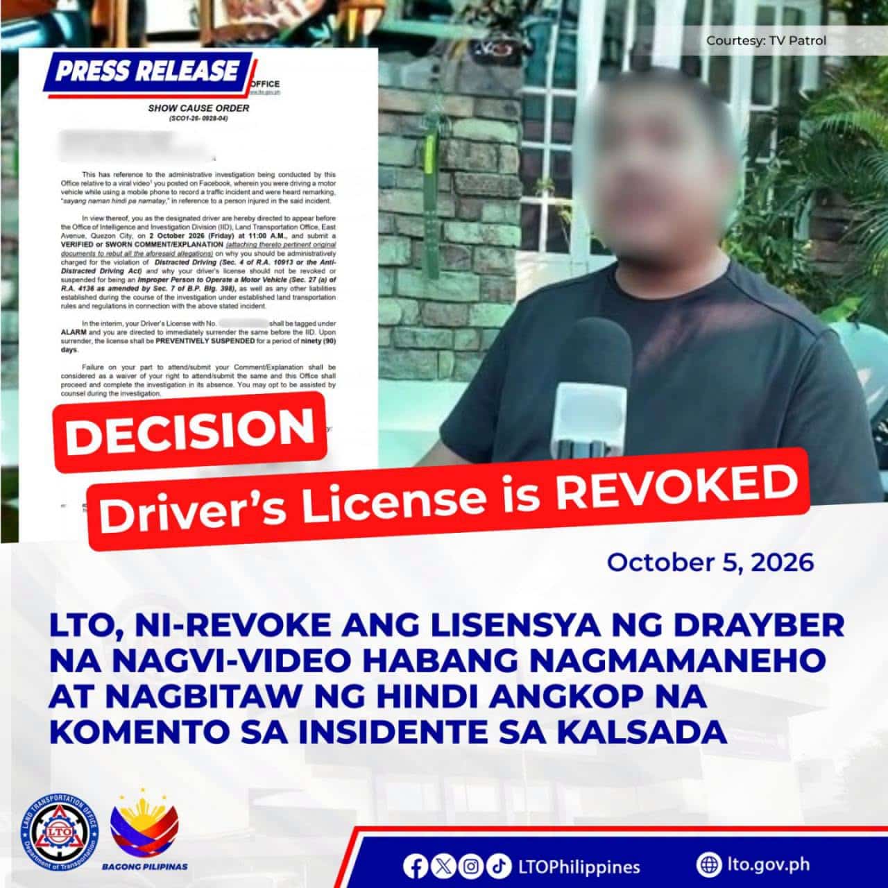 LTO revokes driver’s license of man for cellphone use, harsh remark