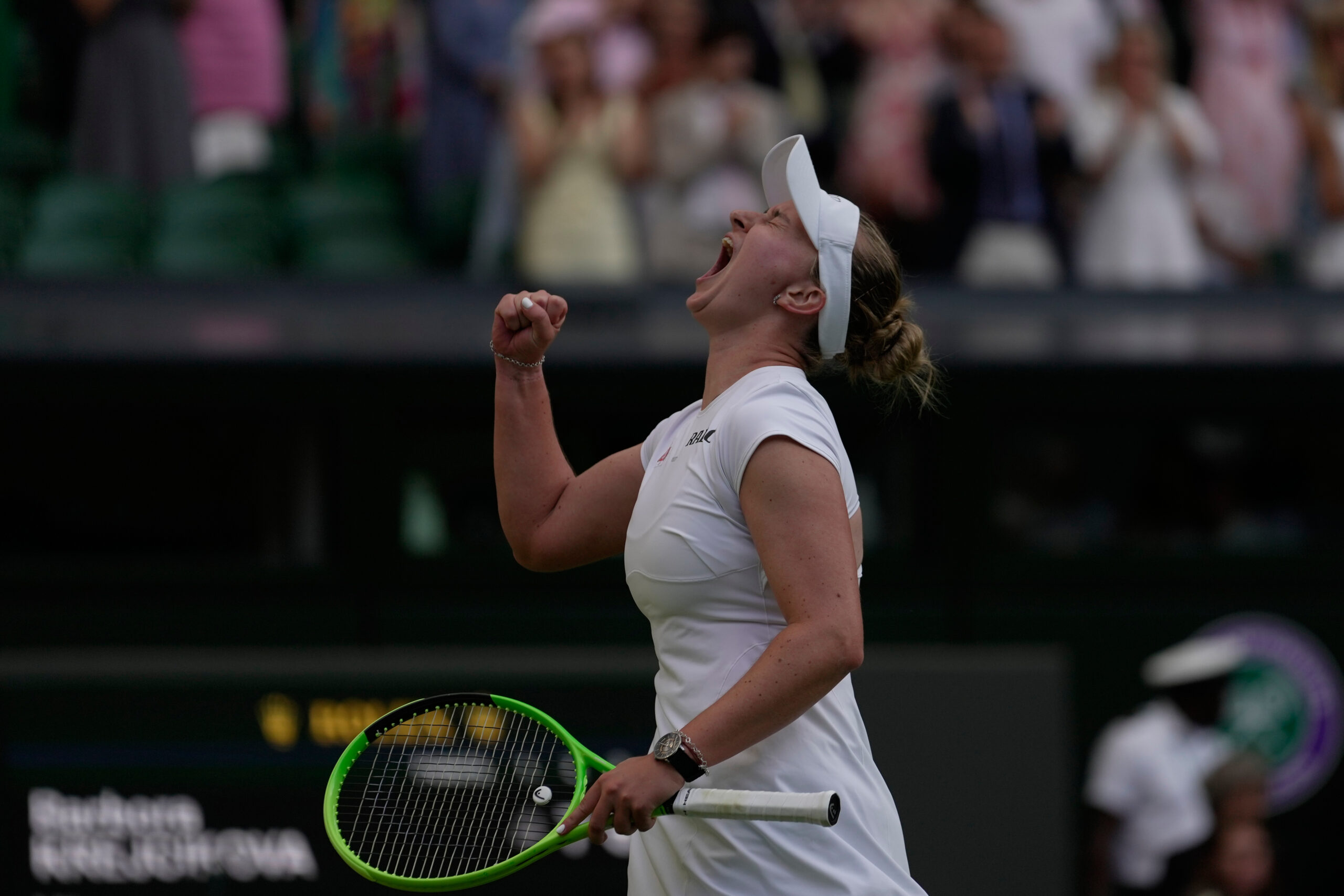 Barbora Krejcikova of Czech Republic celebrates her victory against Mirra Andreeva of Russia in their second round women's singles match at the Wimbledon Tennis Championships in London, Wednesday, July 1, 2026.