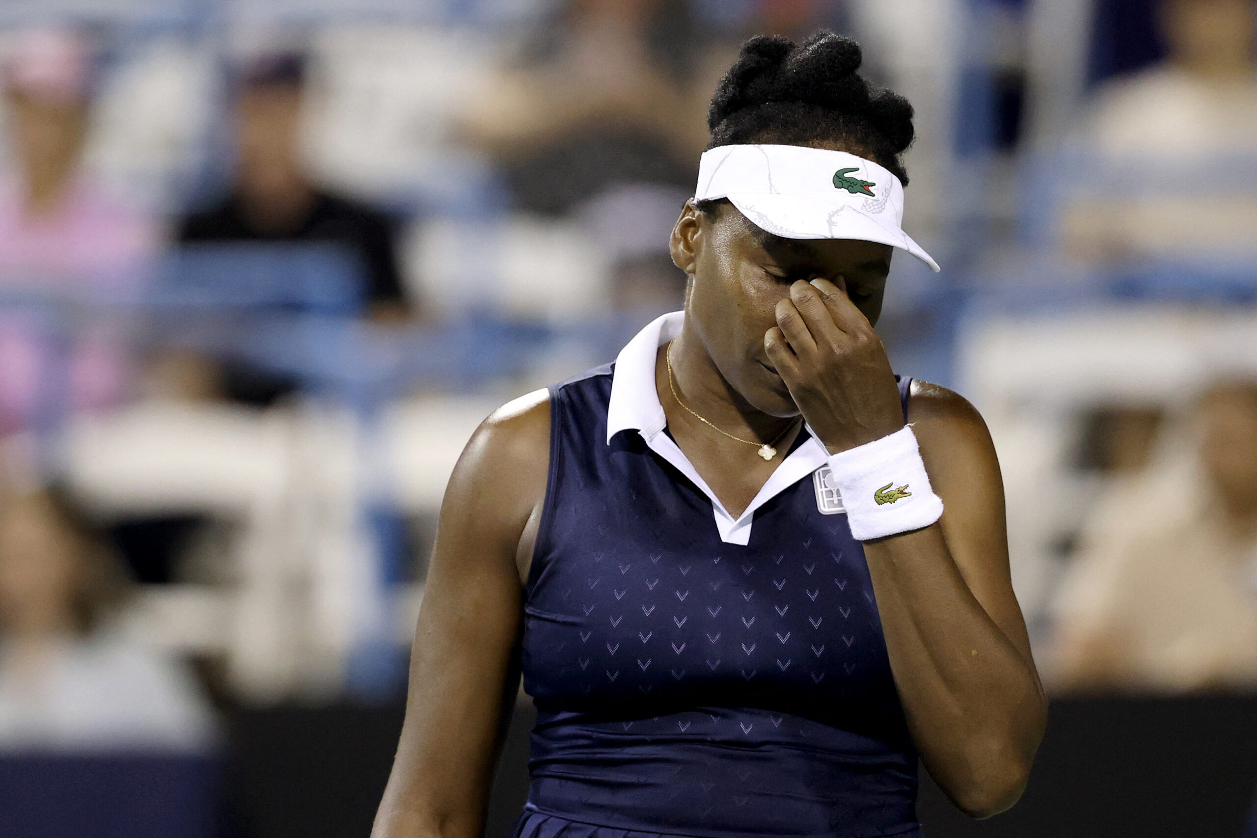 Venus Williams of the United States reacts during a women's singles match against Anastasia Potapova of Austria on day two of the Mubadala Citi DC Open 2026 at William H.G. FitzGerald Tennis Center on July 28, 2026 in Washington, DC