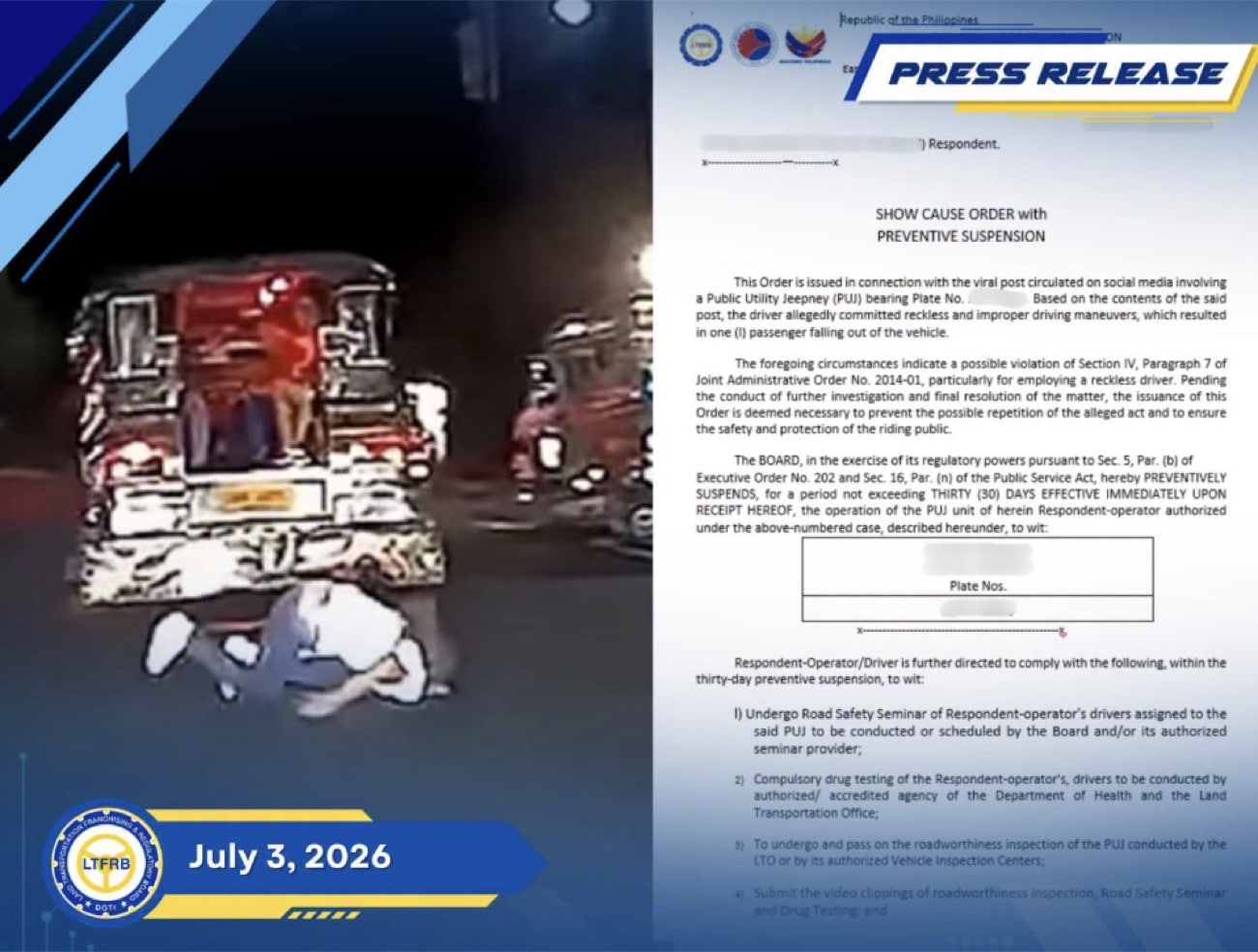 LTFRB suspends jeepney after passenger thrown off in viral video