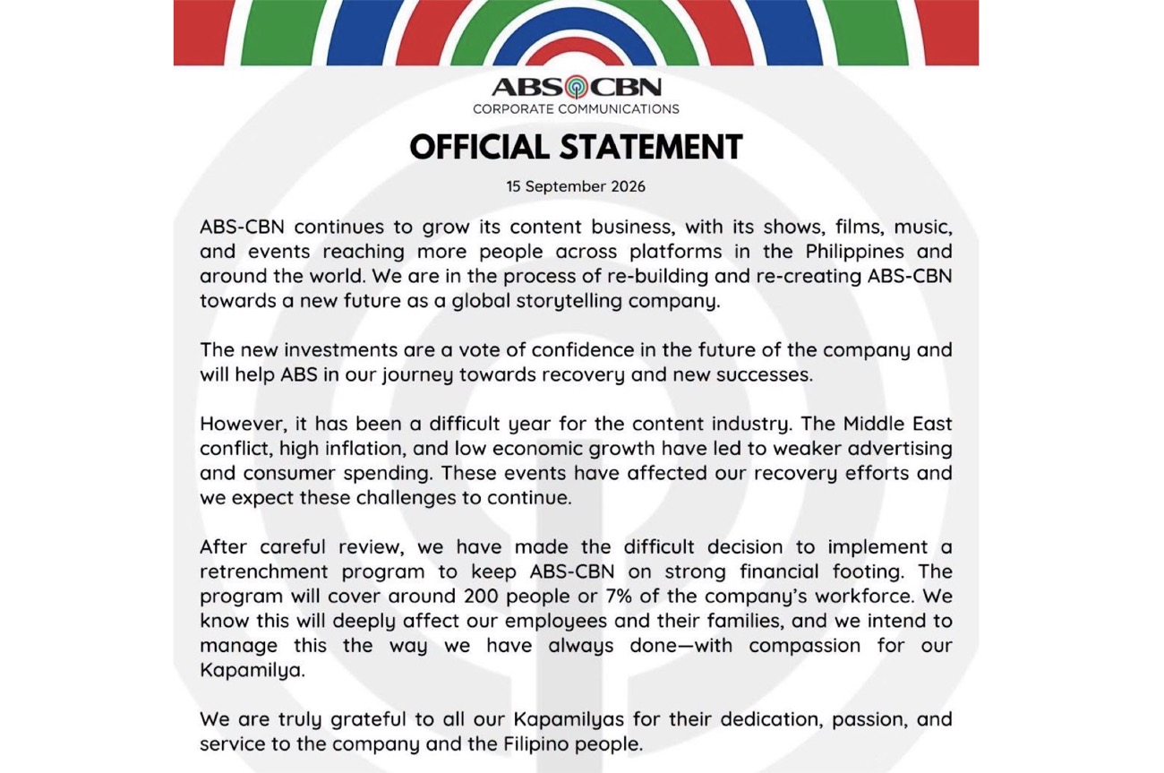 ABS-CBN to lay off about 200 employees amid tough year for content