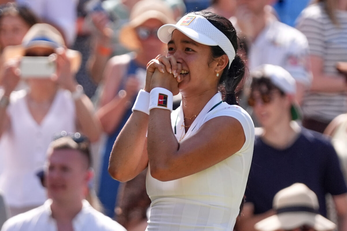 Alexandra Eala of the Philippines celebrates winning the third round women's singles match against Iga Swiatek of Poland at the Wimbledon Tennis Championships in London, Saturday, July 4, 2026.