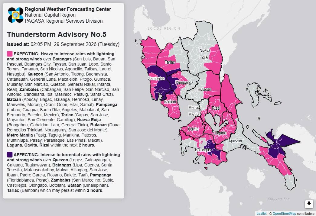 Heavy rain expected in parts of Metro Manila, Luzon Tuesday afternoon