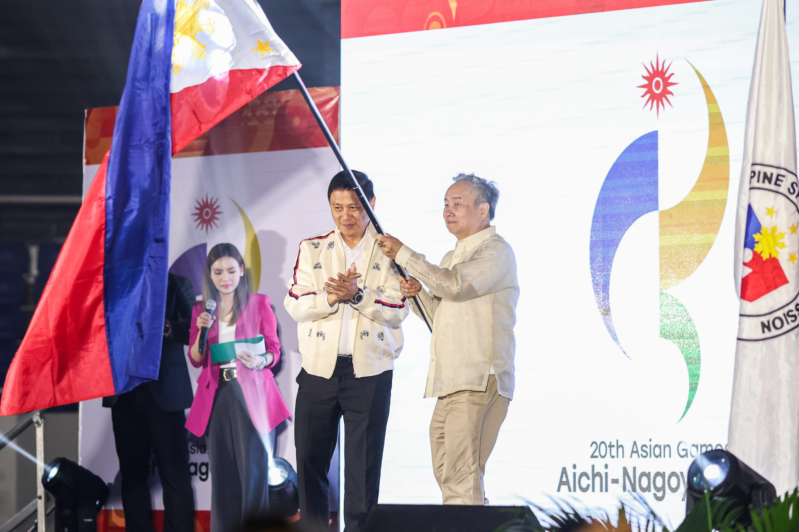 PSC chairman Pato Gregorio and POC president Bambol Tolentino during the official send-off for the Asian Games 2026. 