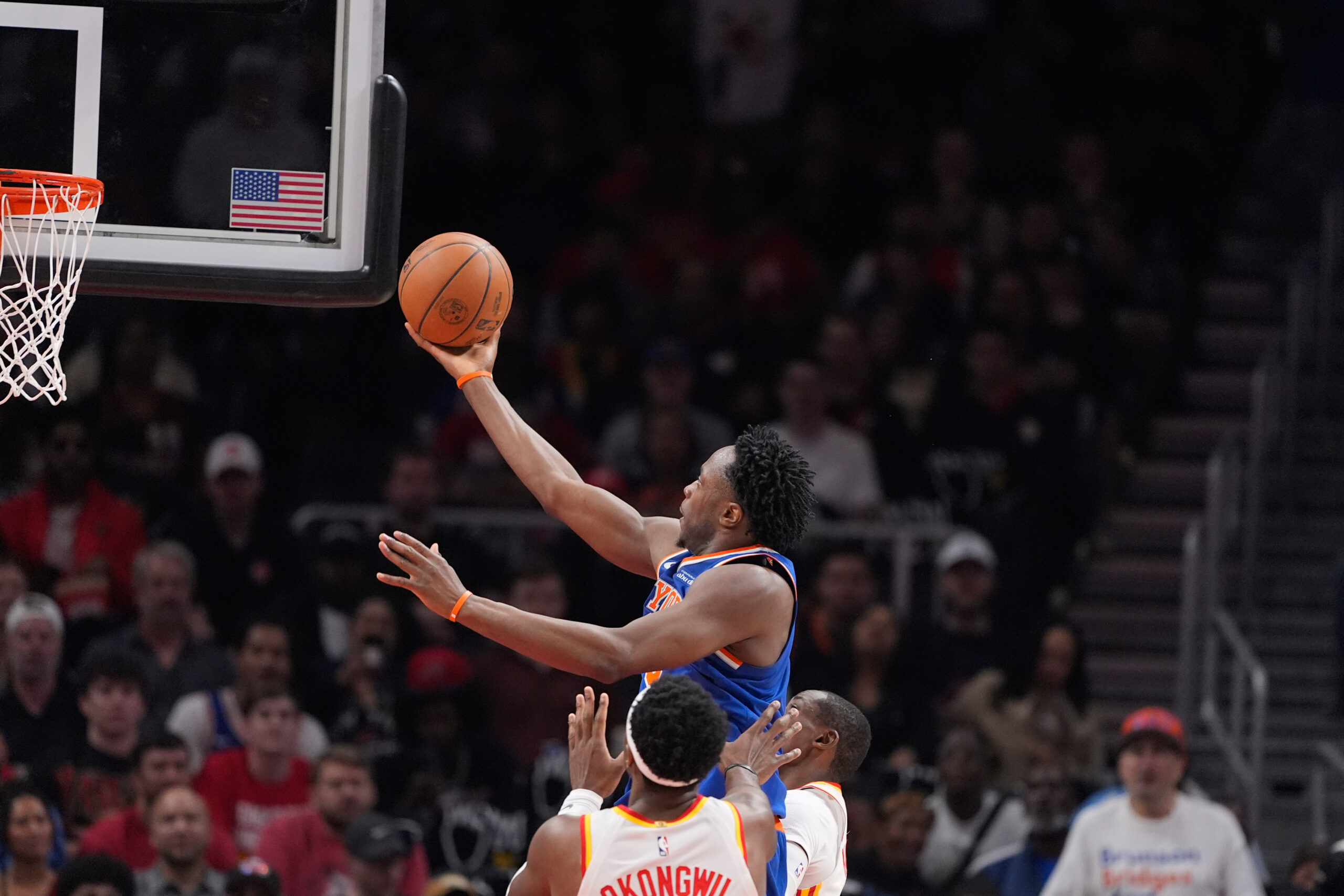NBA SCORE TODAY New York Knicks forward Og Anunoby (8) shoots and scores in the first half during Game 6 in a first-round NBA basketball playoffs series vs the Atlanta Hawks Thursday, April 30, 2026, in Atlanta.