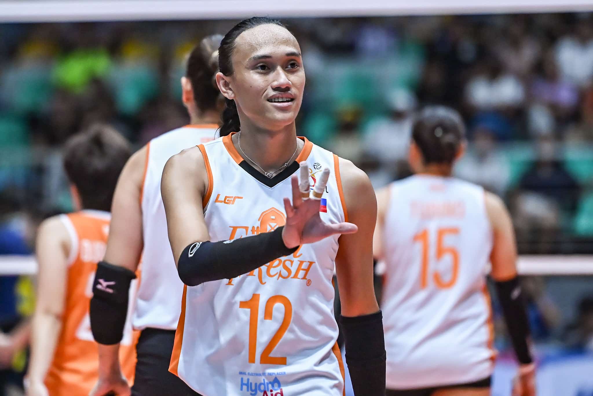 Farm Fresh Foxies' Trisha Tubu during a game vs Capital1 Solar Spikers in the 2026 PVL on Tour in Victorias City.