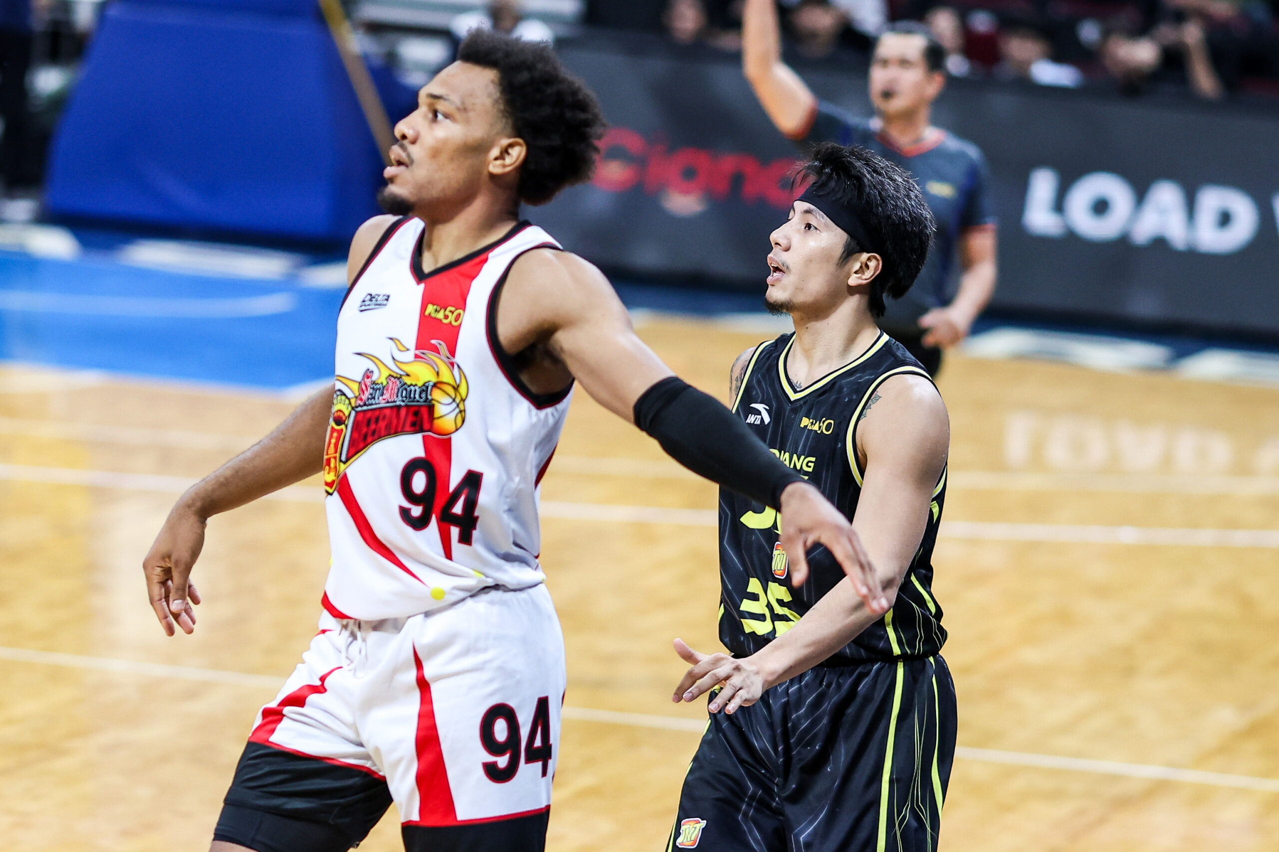 San Miguel Beermen's George King guards TNT Tropang 5G's Kim Aurin during a game in the 2026 PBA Governors' Cup