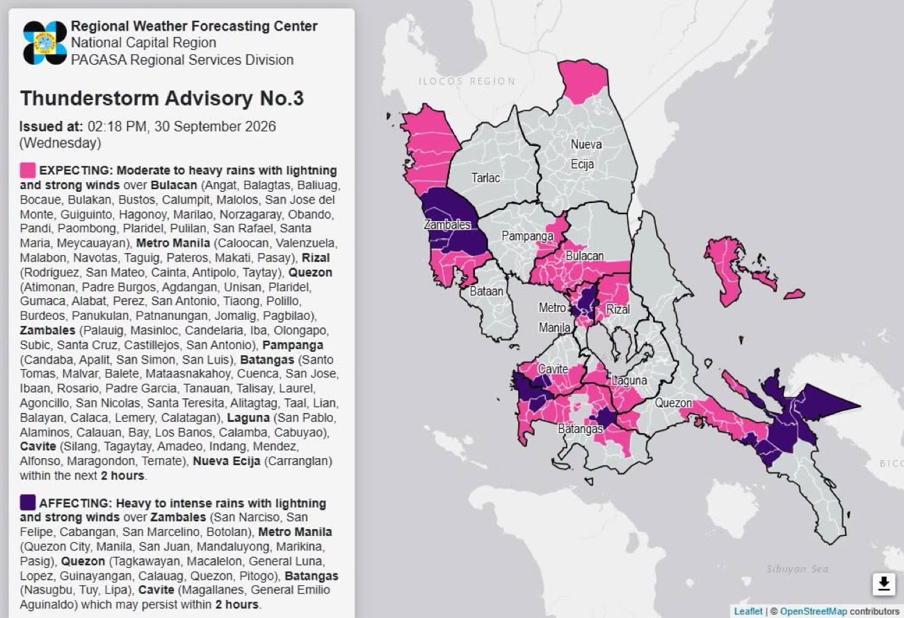 Heavy rains to persist over parts of Luzon Wednesday afternoon