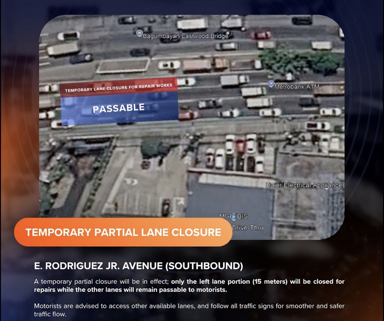 E. Rodriguez Ave. in QC to have partial lane closure for repairs