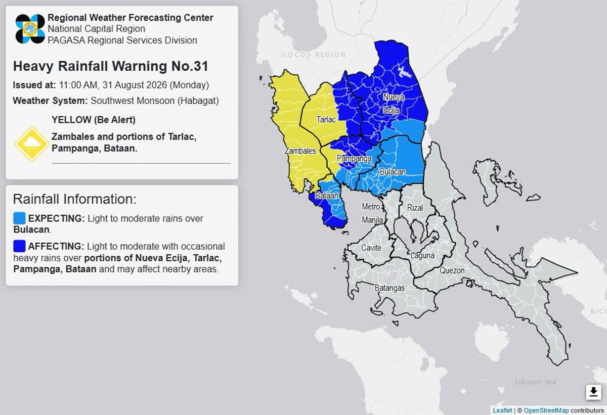 Yellow rainfall warning up over 4 Luzon provinces