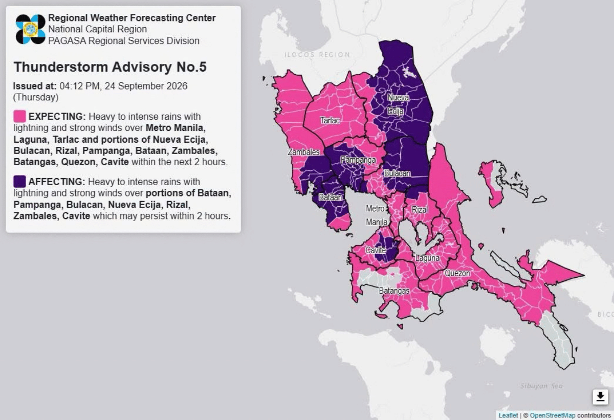 Heavy rains expected in Metro Manila, Luzon areas Thursday afternoon