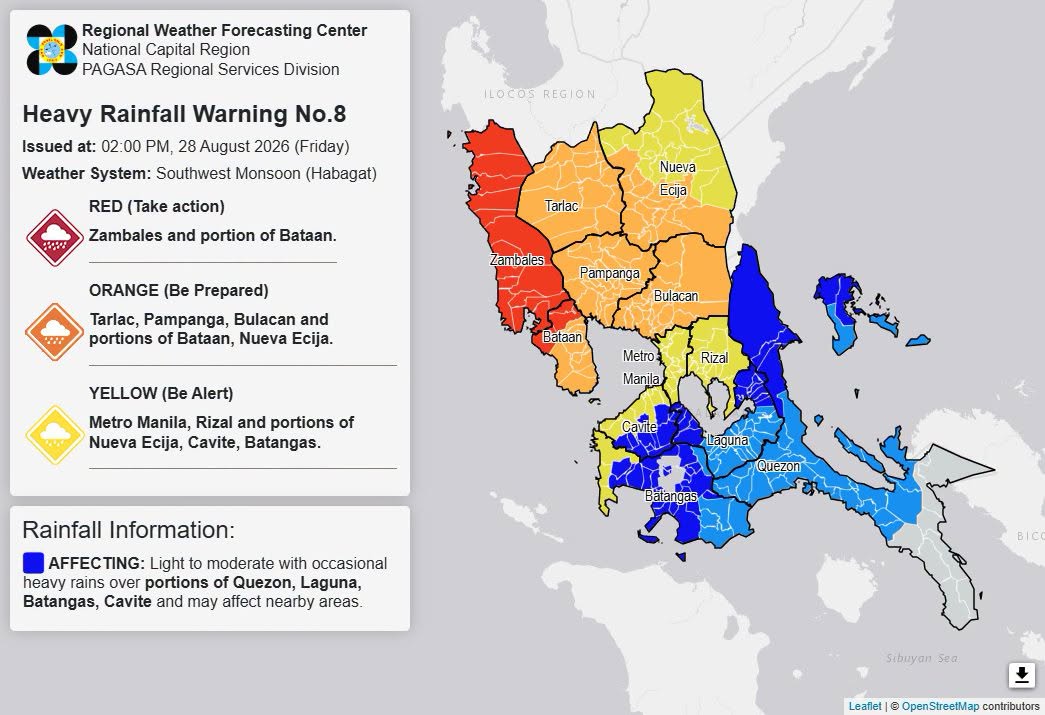 Heavy rainfall warning in 10 Luzon areas Friday afternoon – Pagasa