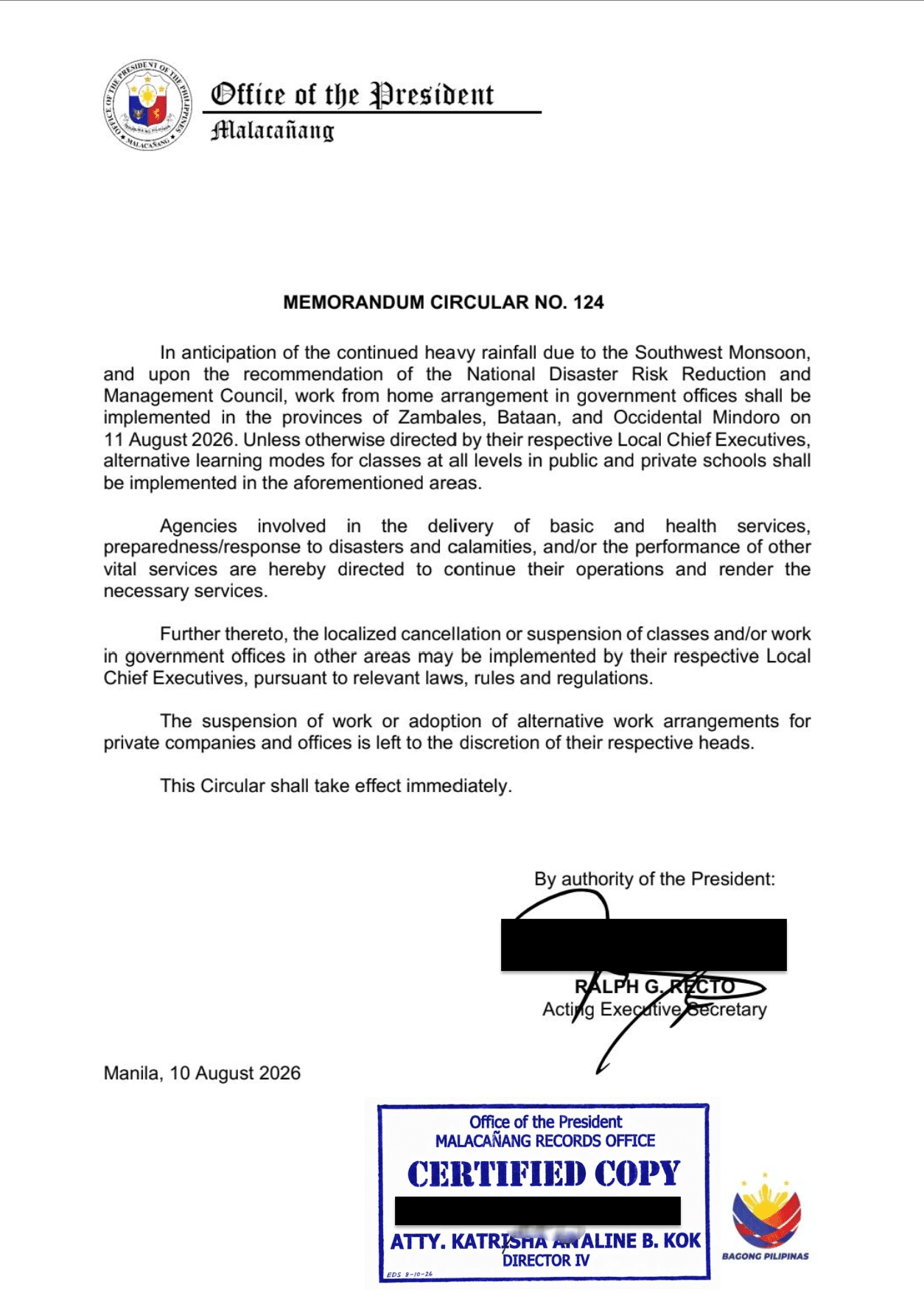 Gov’t offices in Zambales, Bataan, and Occ. Mindoro told to WFH
