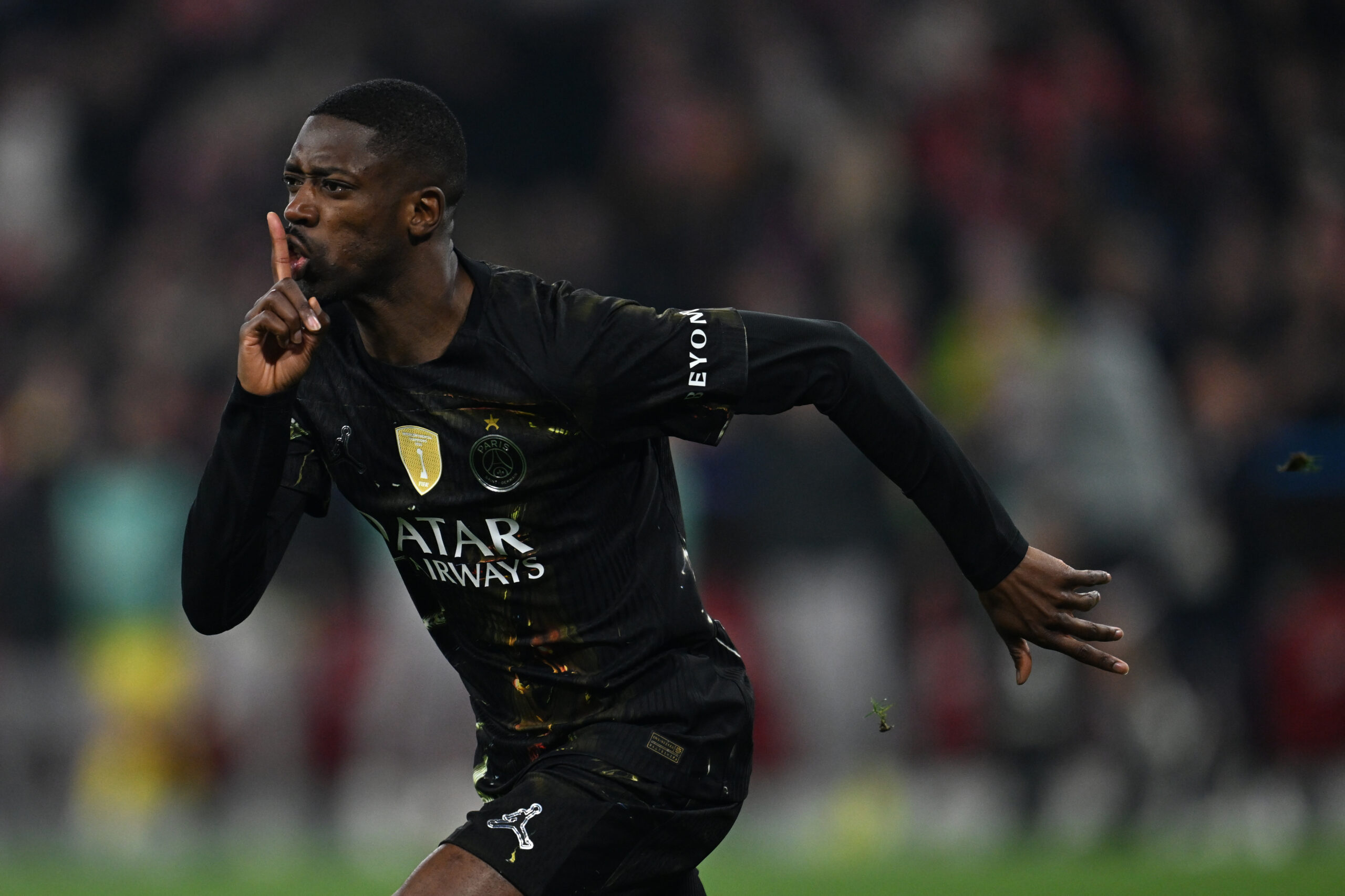 PSG's Ousmane Dembele celebrates after scoring their first goal during the Champions League semifinal second leg soccer match between Bayern Munich and Paris Saint Germain in Munich, Germany, Wednesday, May 6, 2026