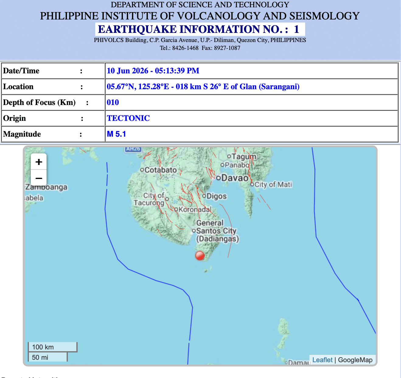 Magnitude 5.1 aftershock jolts Sarangani