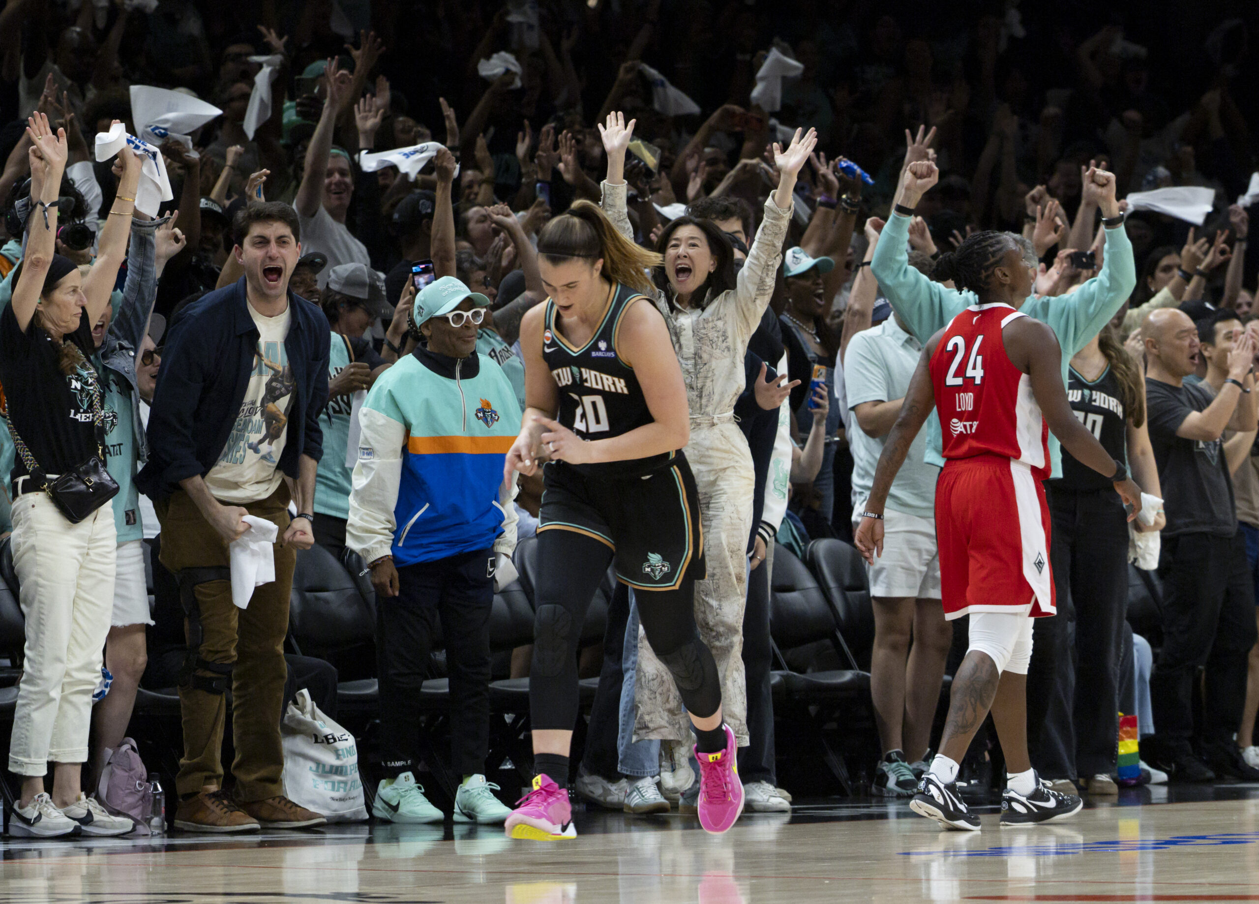 Sabrina Ionescu #20 of the New York Liberty runs the floor after a three-point basket against the Las Vegas Aces in the second half for the Commissioner's Cup Game held at Barclays Center in Brooklyn, New York on June 30, 2026 in New York City
