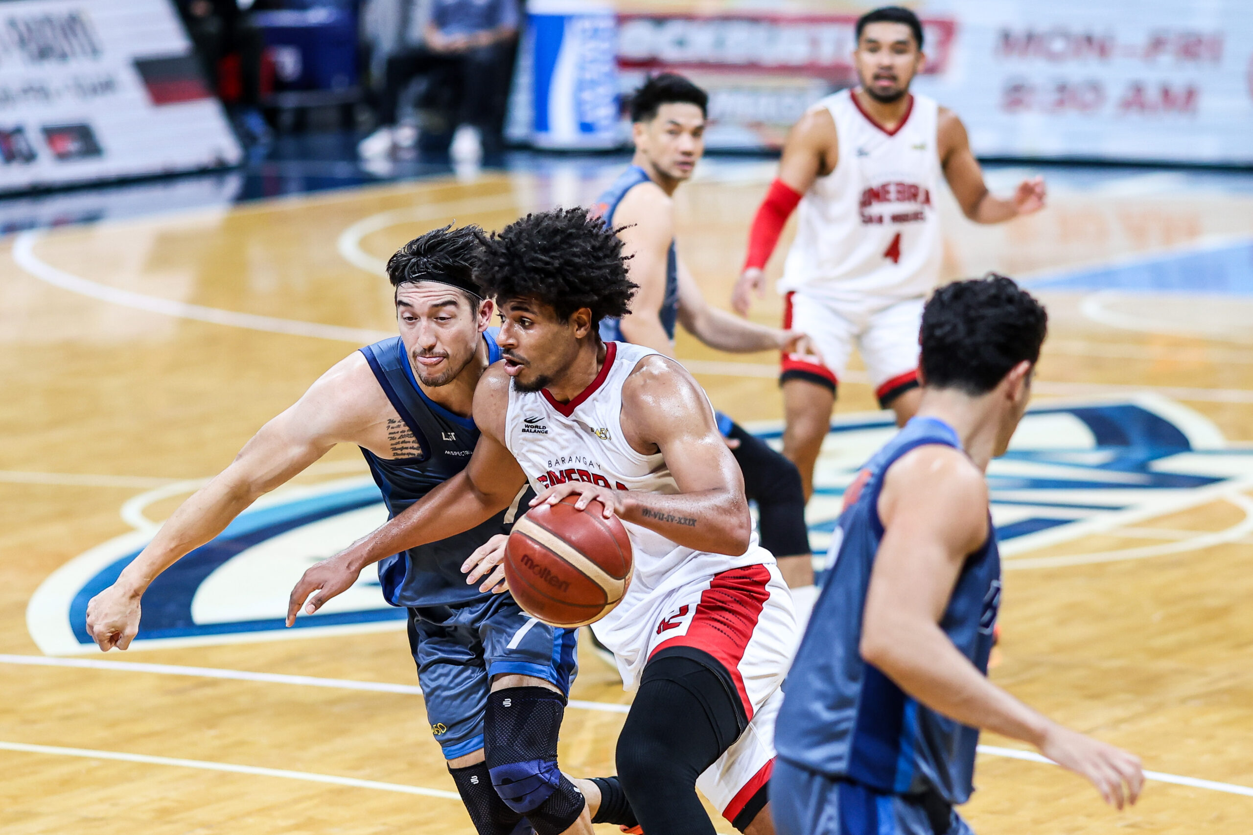 Barangay Ginebra Gin Kings' Riley Grigsby during a game vs Meralco Bolts in the 2026 PBA Governors' Cup. 