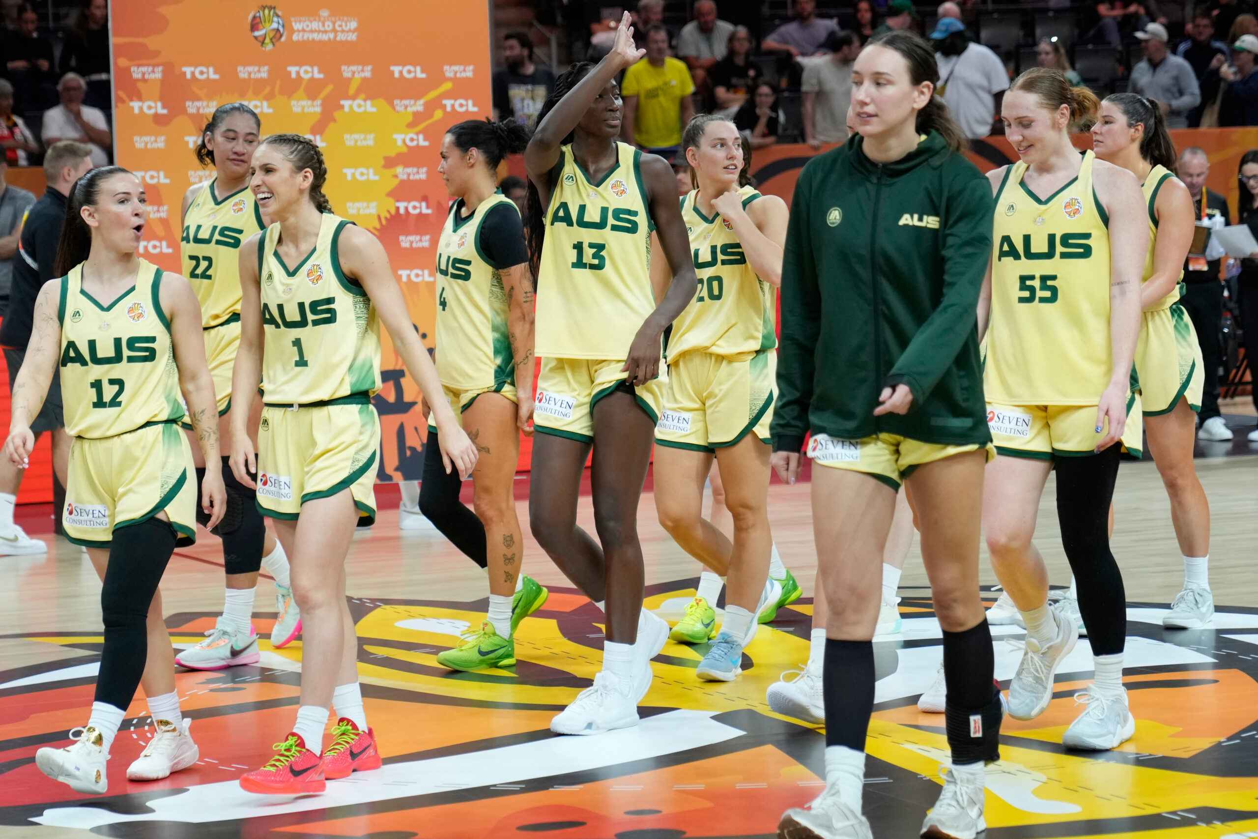 Australian players walk off the court afte the Women's Basketball World Cup match between Australia and Puerto Rico in Berlin, Friday, Sept. 4, 2026.