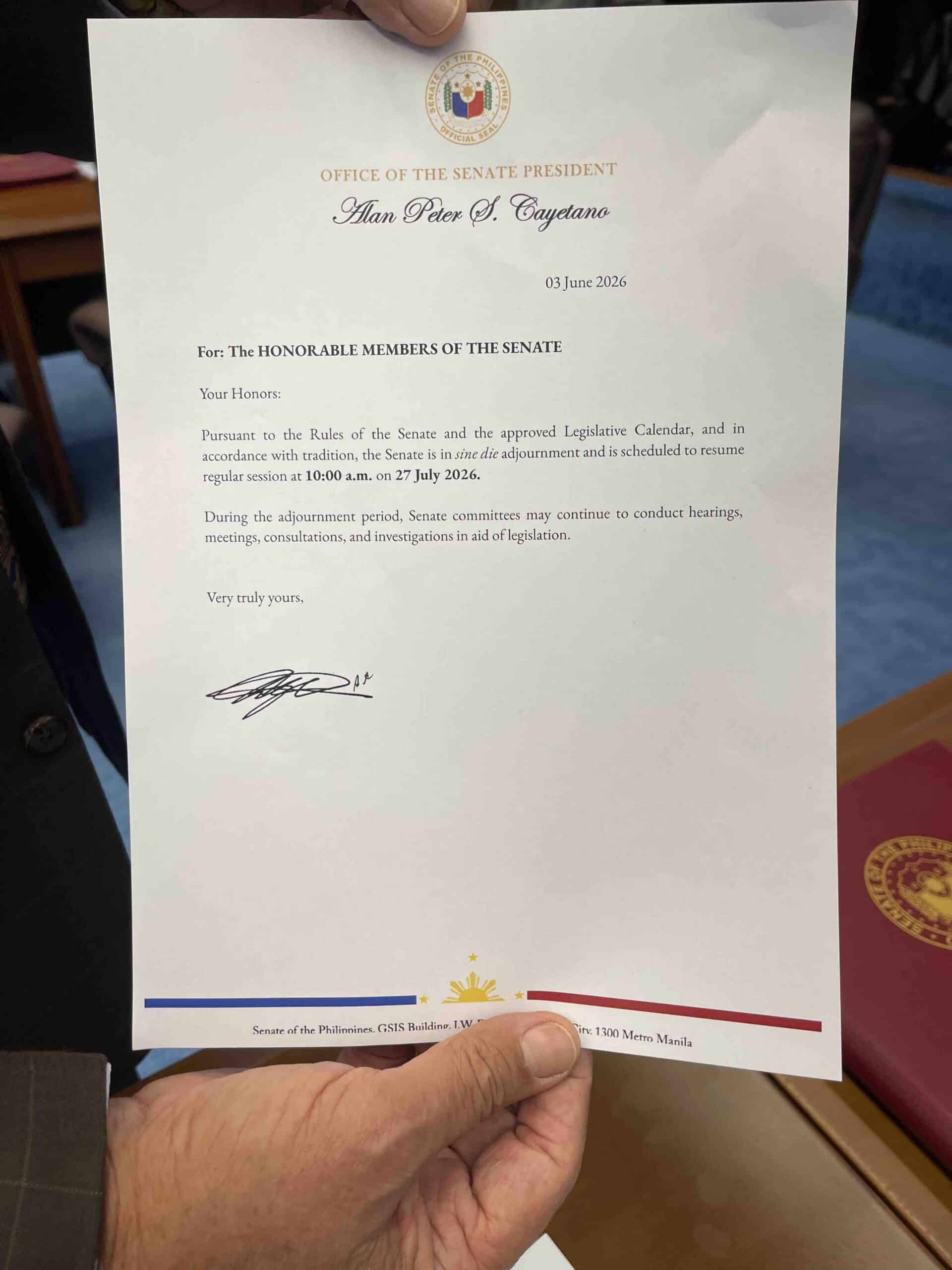 Cayetano proclaims sine die adjournment via letter