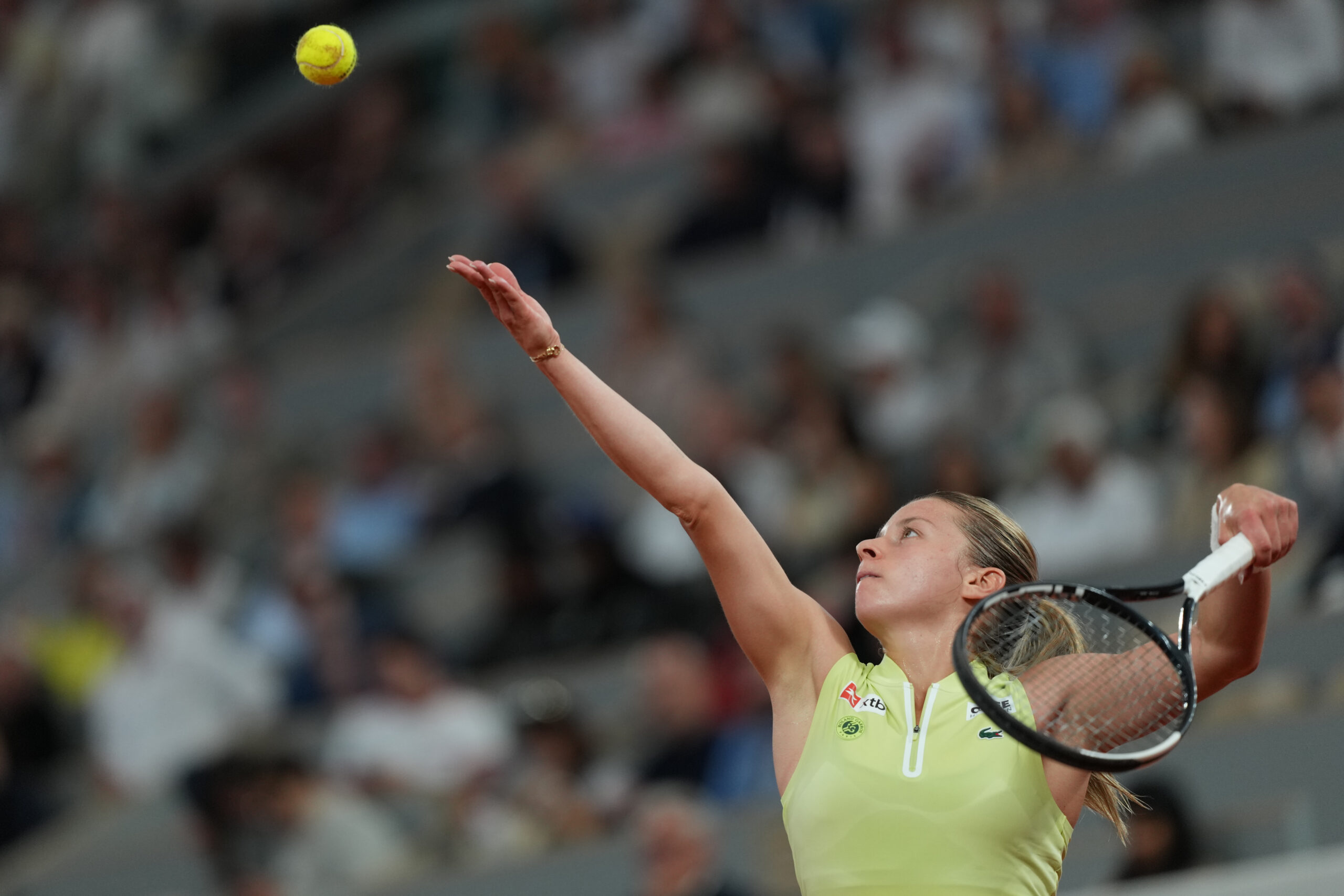 Poland's Maja Chwalinska reacts after winning the semifinal tennis match against Russia's Diana Shnaider at the French Open in Paris, Thursday, June 4, 2026.